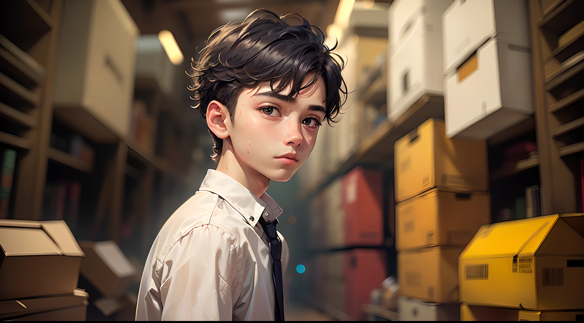 A young man of 12 years old, with black disheveled hair, cute face, boxy face, and black eyes.