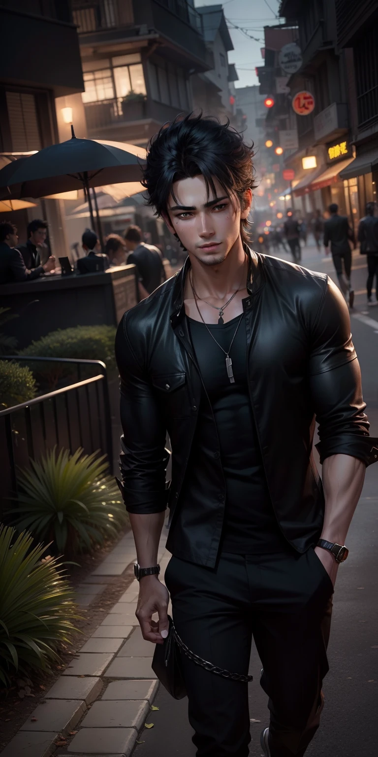 Change with dark background, realistic face, anime avatar, handsome boy, black shirt and black pant, day time, daytime, chest