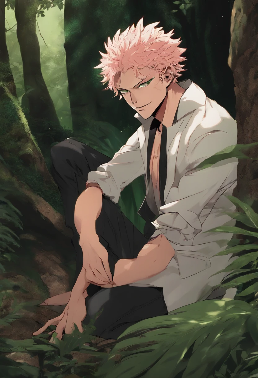 Boy, crouched, green eyes (extremely bright and detailed), inside a dark forest and with a Donquixote Doflamingo-style smirk