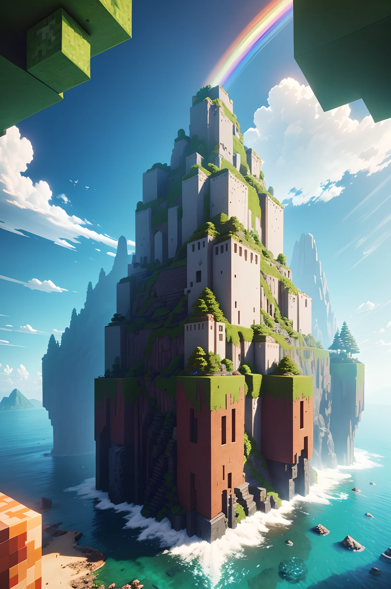 best quality,ultra-detailed,realistic,minecraft scene,blocky characters,cuboid shapes,colorful landscape,dynamic lighting,fantastic creatures,mining and crafting,adventure,exploration,vibrant colors,depth-of-field effect,breathtaking view,block-building game,endless possibilities,open world,immersive experience,building structures,redstone engineering,magical potions,combat with monsters,treasure hunting,rainbow block,underwater exploration,giant trees,towering mountains,player's inventory,caves and caverns,biomes and landscapes,peaceful sunset,survival mode,creative mode,gameplay experience,dynamic weather,emergent gameplay,8-bit sound effects