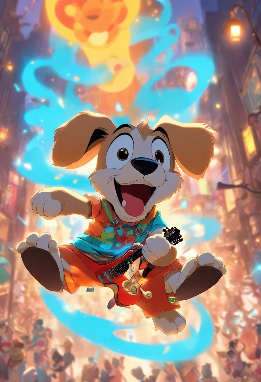 Rock puppy,Trendy clothing,Lunette de soleil,plays the guitar,Madness,Fluttering musical symbols,8K,super-fine,full bodyesbian,best qualtiy,Disney animation,style of disney animation,Disney animated film art,独奏