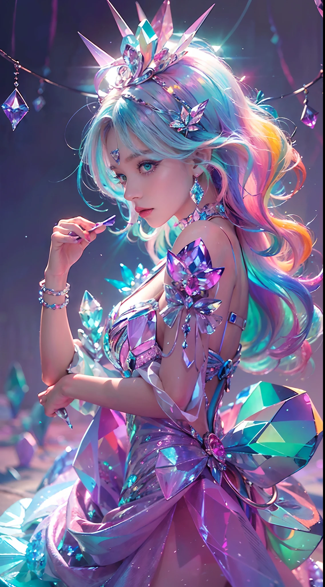 (Masterpiece), (Best quality), Extremely detailed, illustration, ((1girll)), (colorful crystals:1.5),(Wear crystal shoes:1.5),(colorfulhair:1.2),(Colorful dresses),High chiaroscuro,(full bodyesbian:1.5)