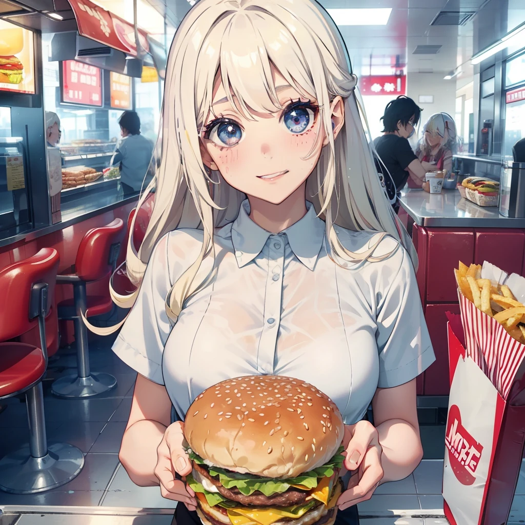 1 beauty,Watery Big Eyes,Happy smile,long eyelasher,falda corta,Blushlush,Platinum Blonde Perm Hair,in fast food shop,Open your mouth wide and nibble on a hamburger grabbed with both hands,Sauce splattered on the face、Focus on the face