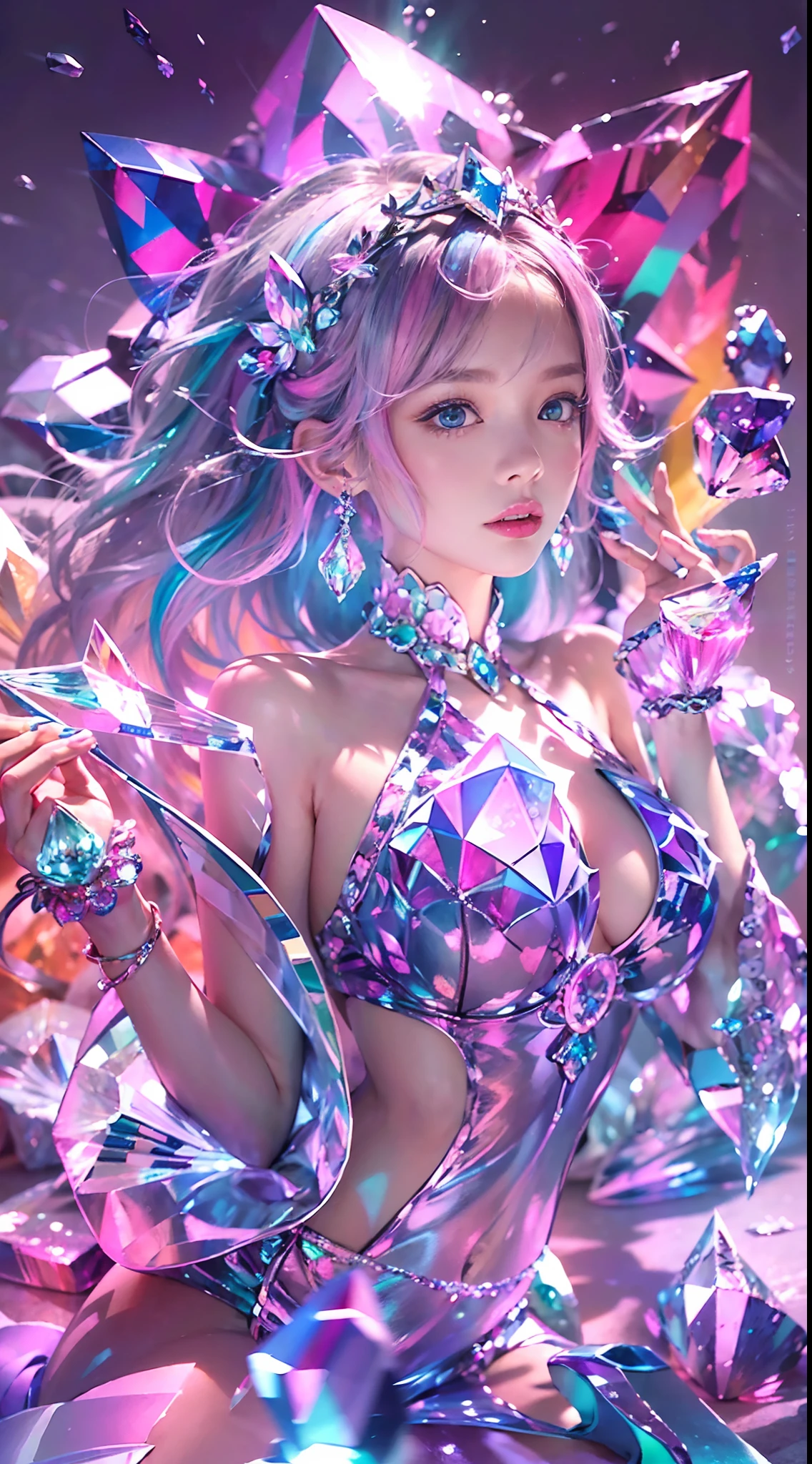(Masterpiece), (Best quality), Extremely detailed, illustration, ((1girll)), (colorful crystals:1.5),(Wear crystal shoes:1.5),(colorfulhair:1.2),(Colorful dresses),High chiaroscuro,(full bodyesbian:1.5)