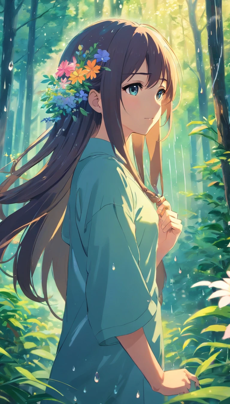 anime girl with long hair and flowers in her hair, beautiful anime artwork, rainy day,the woods,rain drops