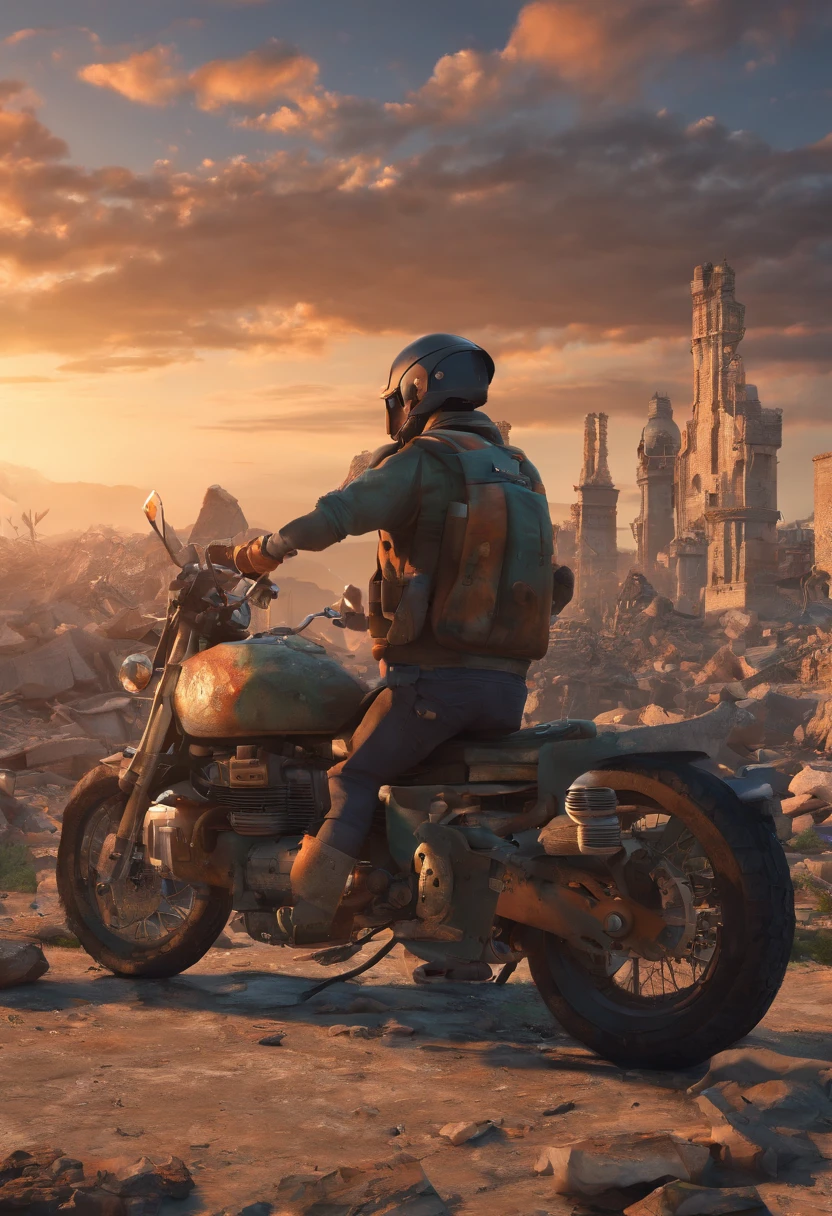 A man sitting on a motorbike, looking out over a ruined city