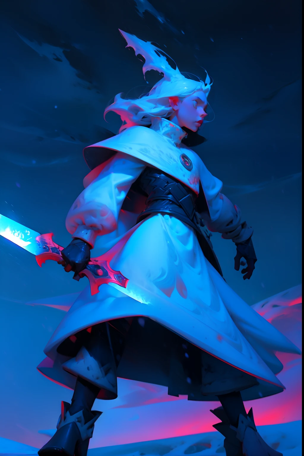 An angry snow-queen, brandishing a frozen sword, snarling, background is eerie night sky, snowing, mood is repressed, fatalistic, nebulous, oblivious, character design.