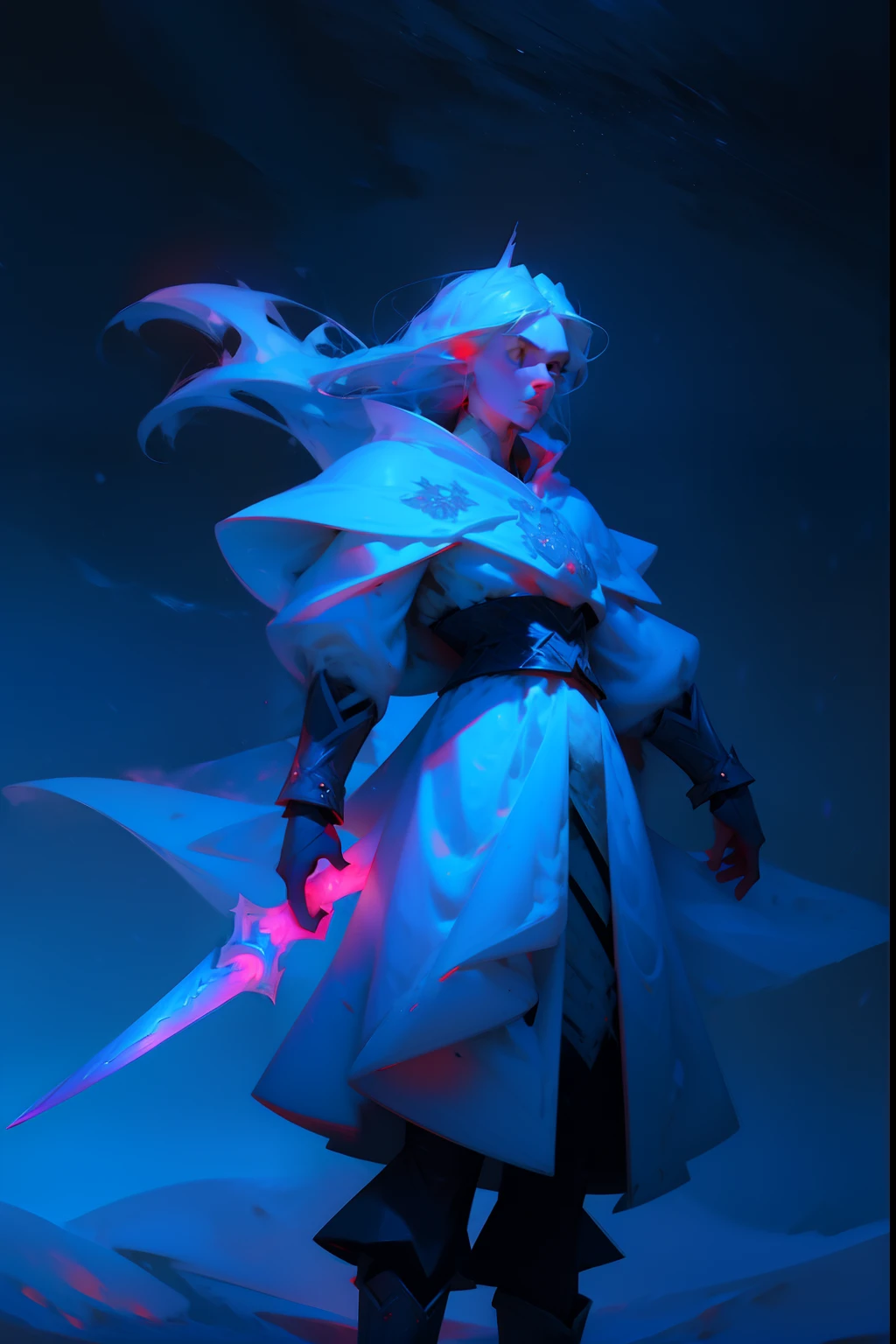 An angry snow-queen, brandishing a frozen sword, snarling, background is eerie night sky, snowing, mood is repressed, fatalistic, nebulous, oblivious, character design.