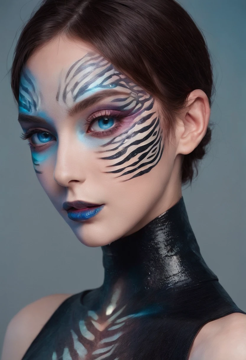35mm, Neon, analog photo, dinamic lighting, chiaroscuro, hyper realisitc, luminism, HD, very detail. Colorful gradients. Gradient glow. Avant-garde make-up. Orange-violet-green lights. A woman's skin is multicolored in a beautiful glow. Gradients on the face. Gradient lights on the skin. easy flowering,. Black background. haze. Ugly woman in bodysuit with tiger skin pattern. Awkward look. Tiger fur on fabric. Very small black hat. extremely short hair. pale blue skin. long neck. Slim hose. Wide-set eyes. Half-turn. darkness. mood. haze. Model. Avant-garde make-up. tilt of head. eye to eye contact. blue eyes. Beautiful glow. Very small black coat. Slim. Many places. Very detailed face. (high skin detail:1.2). Film grain. an album cover. magazine cover.