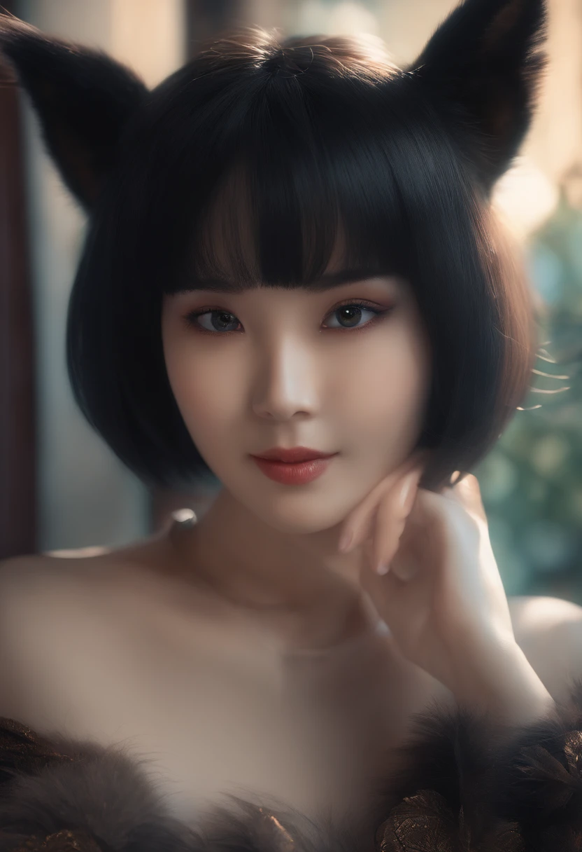 black hair, hair bobbles, wince, longeyelashes, solid circle eyes, fake animal ears, light smile, ear blush, fang, Surrealism, drop shadow, anaglyph, stereogram, tachi-e, pov, atmospheric perspective, 8k, super detail, ccurate, best quality