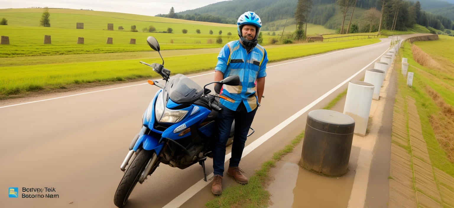 there is a man standing next in road, without helmet, standing in field, on a field, 8k picture, realistic , touring,