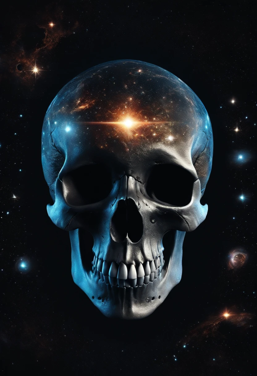 Create an image of a realistic skull with elements from outer space, as stars and galaxies, simbolizando o infinito e a eternidade da morte. Retirar fundo