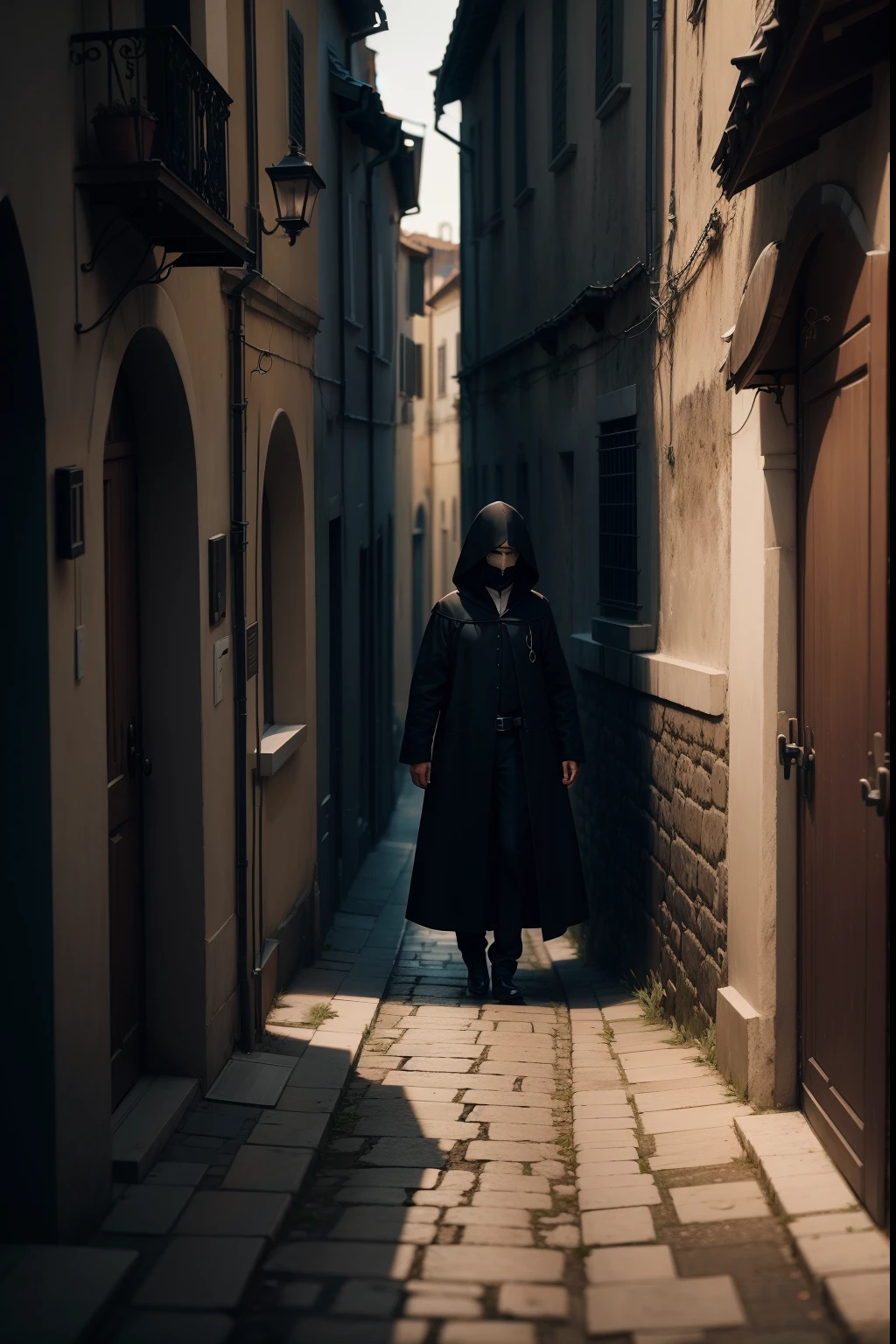Pessoa misteriosa, hooded in a dark alley at night in a seventeenth-century Italian town