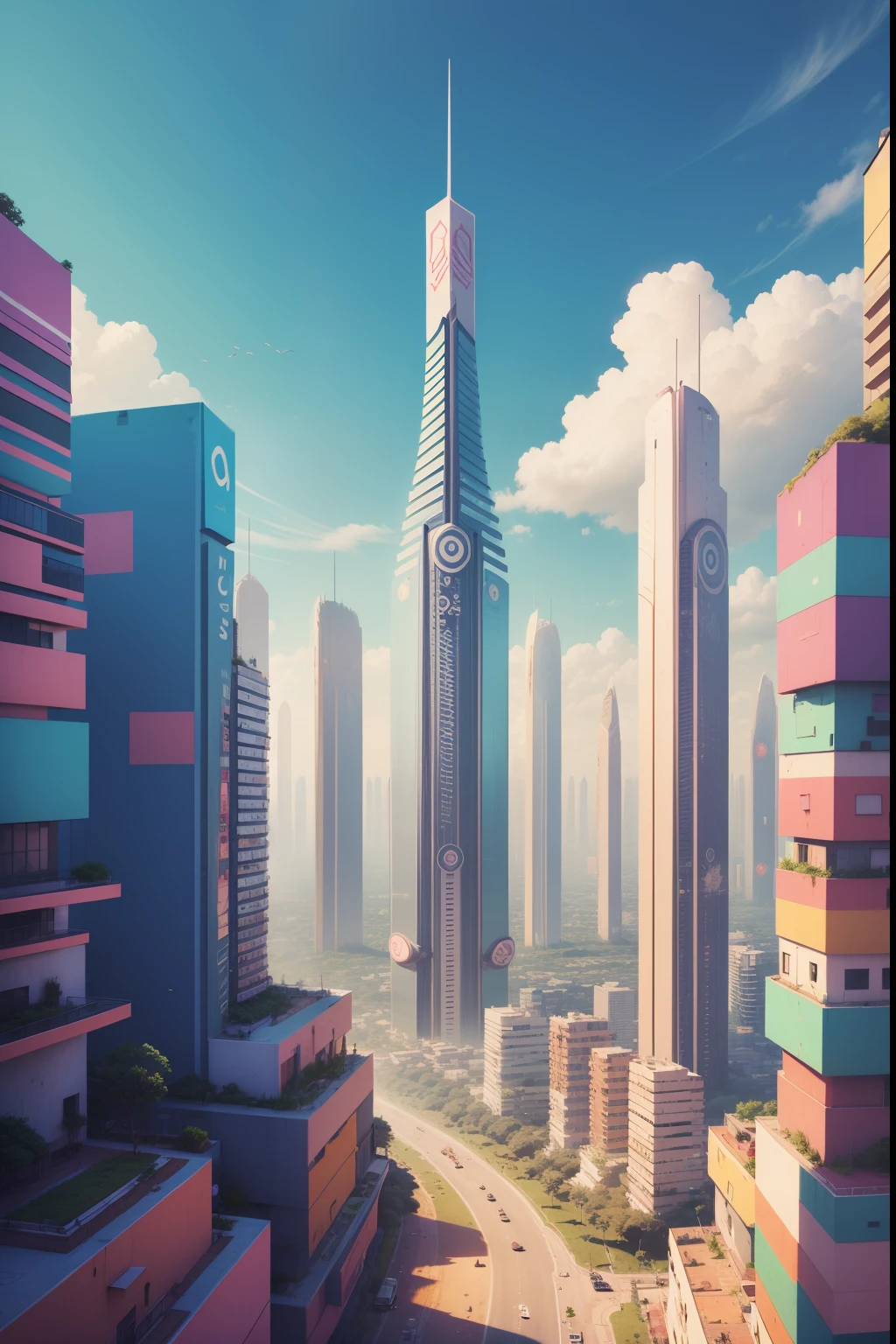 Fundo 2d de uma cidade futurista com cores chapadas