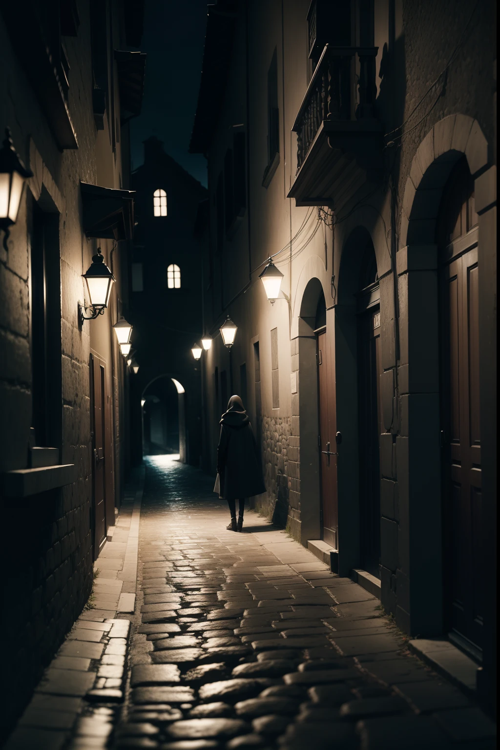 Pessoa misteriosa, hooded in a dark alley at night in a seventeenth-century Italian town