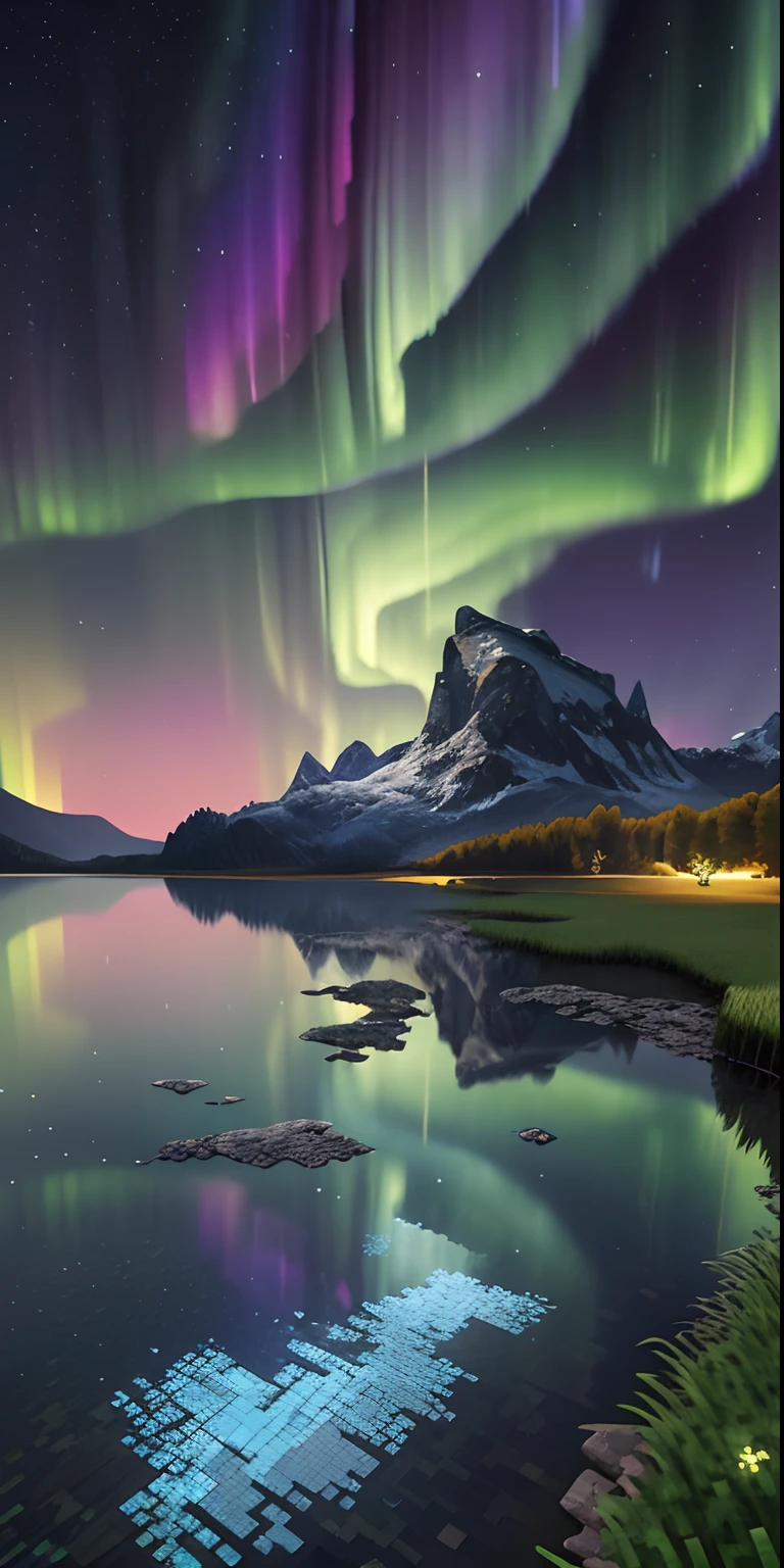 "(Landscape Pixel): Crafted to perfection, exuding top-notch quality, each piece is intricately detailed, boasting high-resolution brilliance. Ideal for adorning Google Pixel phones, these wallpapers showcase a stunning pixel art style, with vibrant colors reminiscent of the iconic square-shaped pixels found in games like Minecraft., night life, minimal, aurora