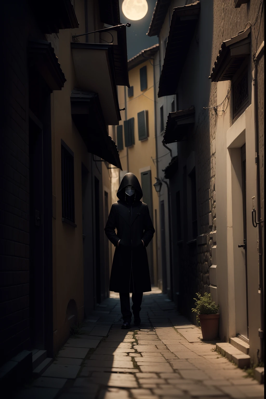Pessoa misteriosa, hooded in a dark alley at night in a seventeenth-century Italian town