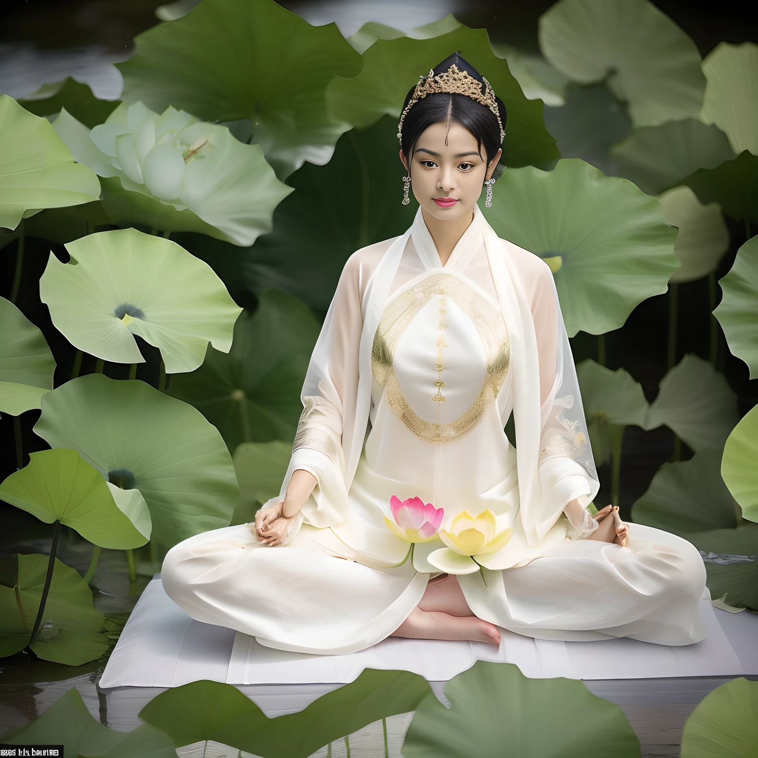 Sexy costume female bodhisattva sitting cross-legged on a lotus flower meditating,(Yoga lotus sitting),(Complete,Delicate and good-looking face),(Get wet all over your body ,soaking wet)