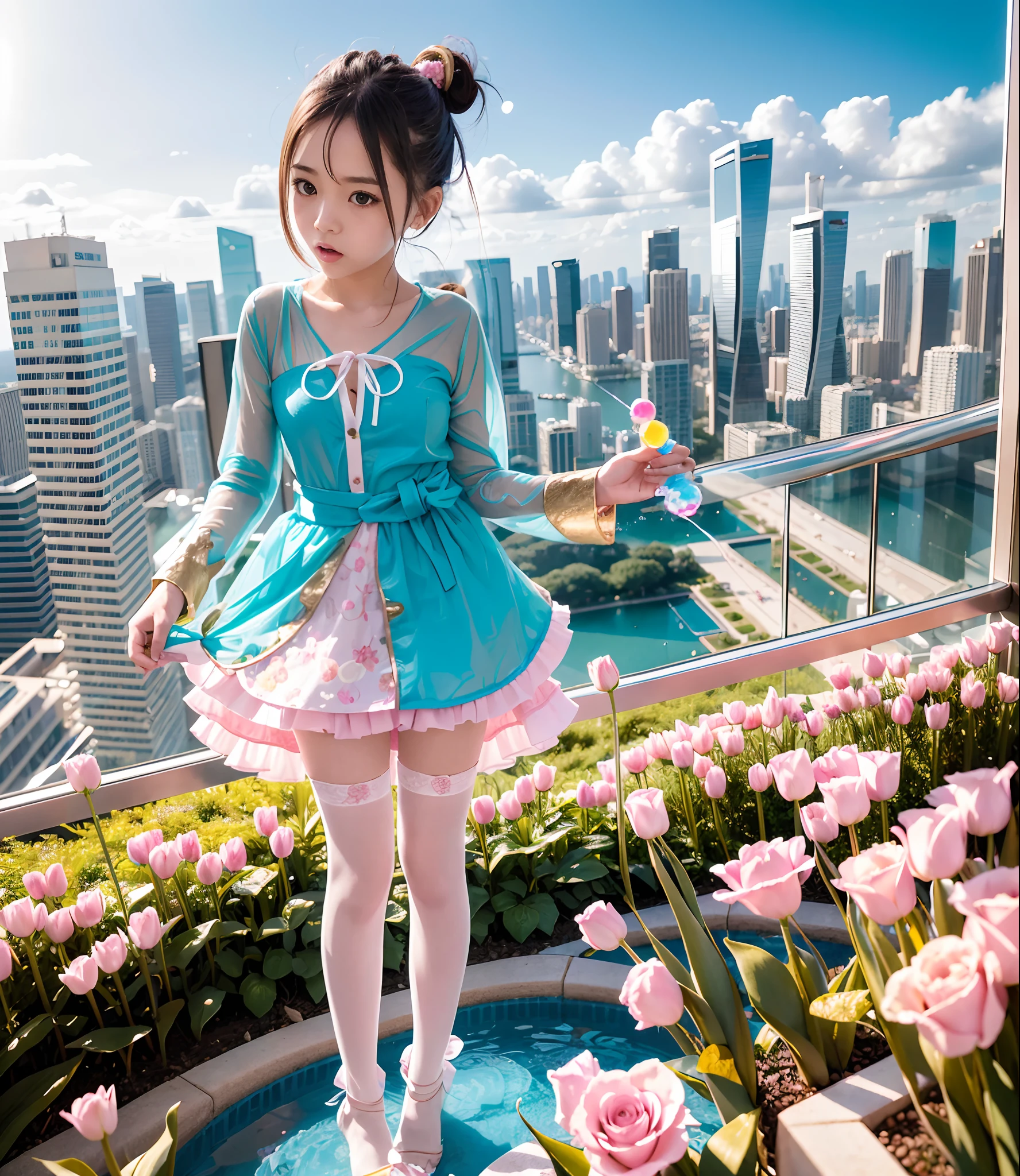 280th floor infinity pool,The tallest building in the urban forest, {Around bonsai|Luo Han Song|coconut palms|tulips|Rose flower}, ExtermlyDetaild(ProfessionlPhoto of Girl floating in the sky:1.37)(Masterpiece 8K TopQuality:1.2), (ExtremelyDetailed KAWAII face Eyes:1.28){ElaboratePupils with (SparklingHighlights:1.28)|DoubleEyelids with (Voluminous LongEyelashes:0.88)|RosyCheeks} BREAK Detailed impeccable Radiant PearlSkin with Transparency, Skinny(SchoolSwimwear:1.37) beautiful graceful {(HiddenHand)|(Corrected BabyLikeHand)} (Whole Body Proportions and all limbs are Anatomically Accurate), Full of Flowers