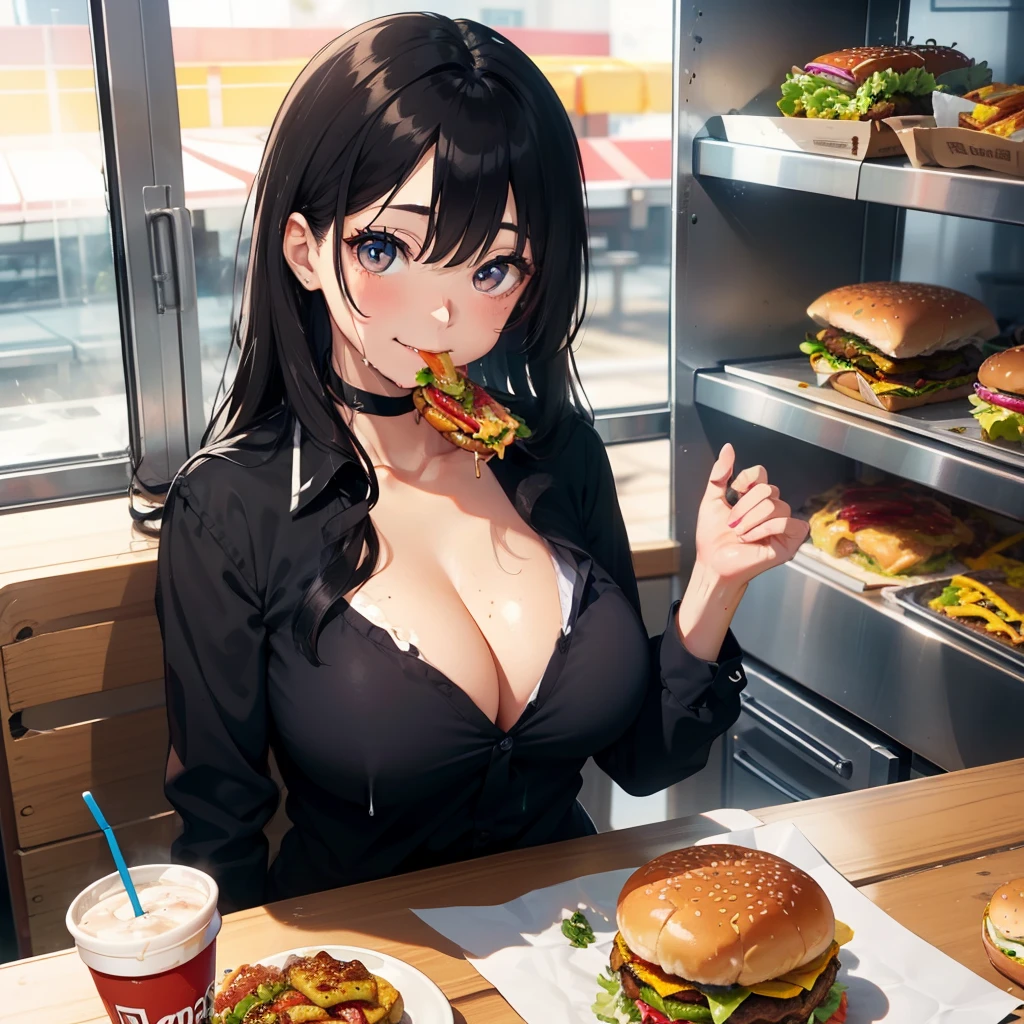 1 beauty,Watery Big Eyes,Sit facing the camera, (Her mouth is puffed up full of hamburgers), long eyelasher,falda corta,Blushlush,Black Perm Hair, in fast food shop, (With a big smile and a hamburger in his mouth,), A large amount of sauce drips into the cleavage, Food residues spilled on the chest