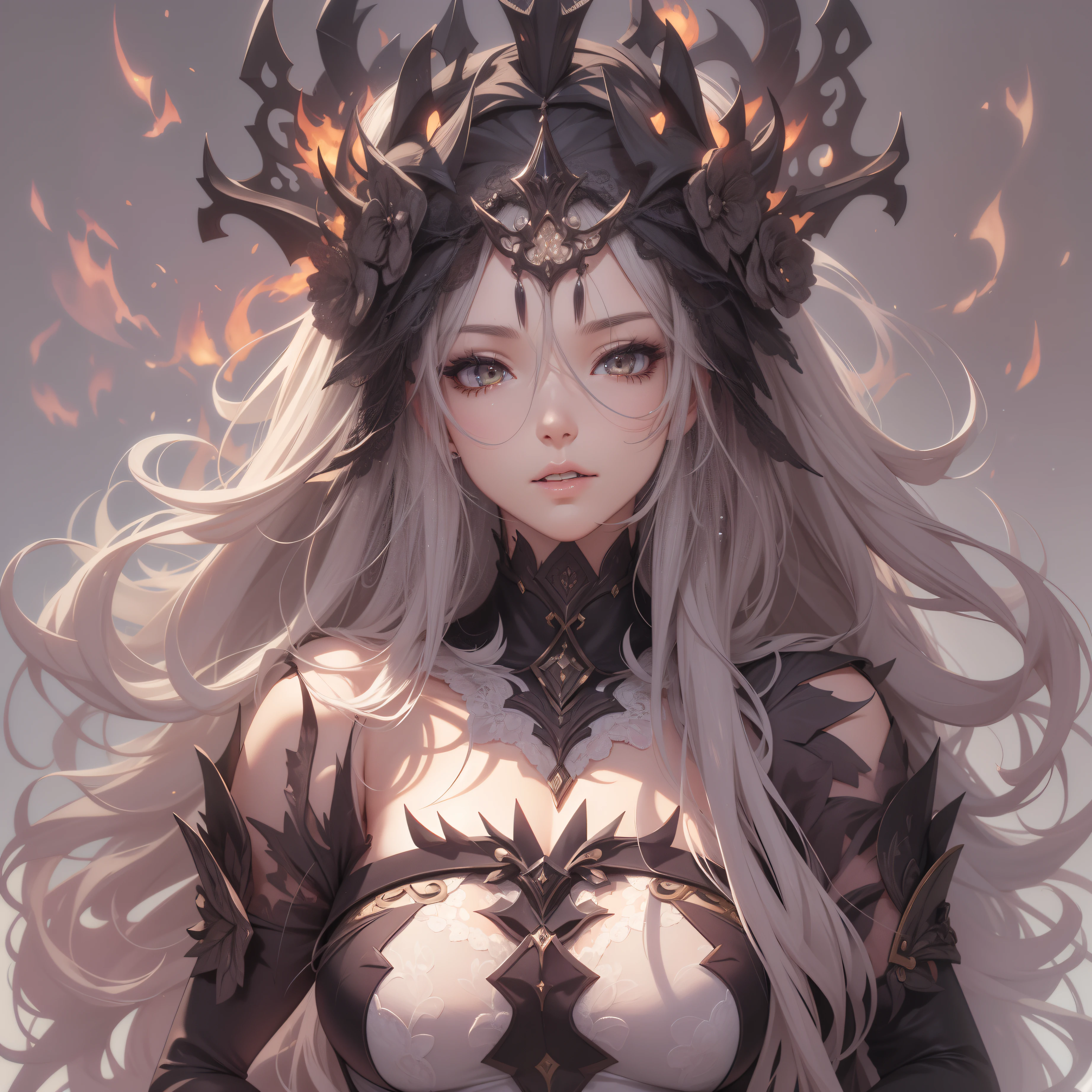Masterpiece, Highest quality, Detailed face, CharacterDesignSheet，perfectly proportions，full bodyesbian， Full of details, Multiple poses and expressions, Highly detailed, long eyelasher，Lace，lacepantyhose, Surrounded by flames，High Balance,Natural light，Garland decoration
