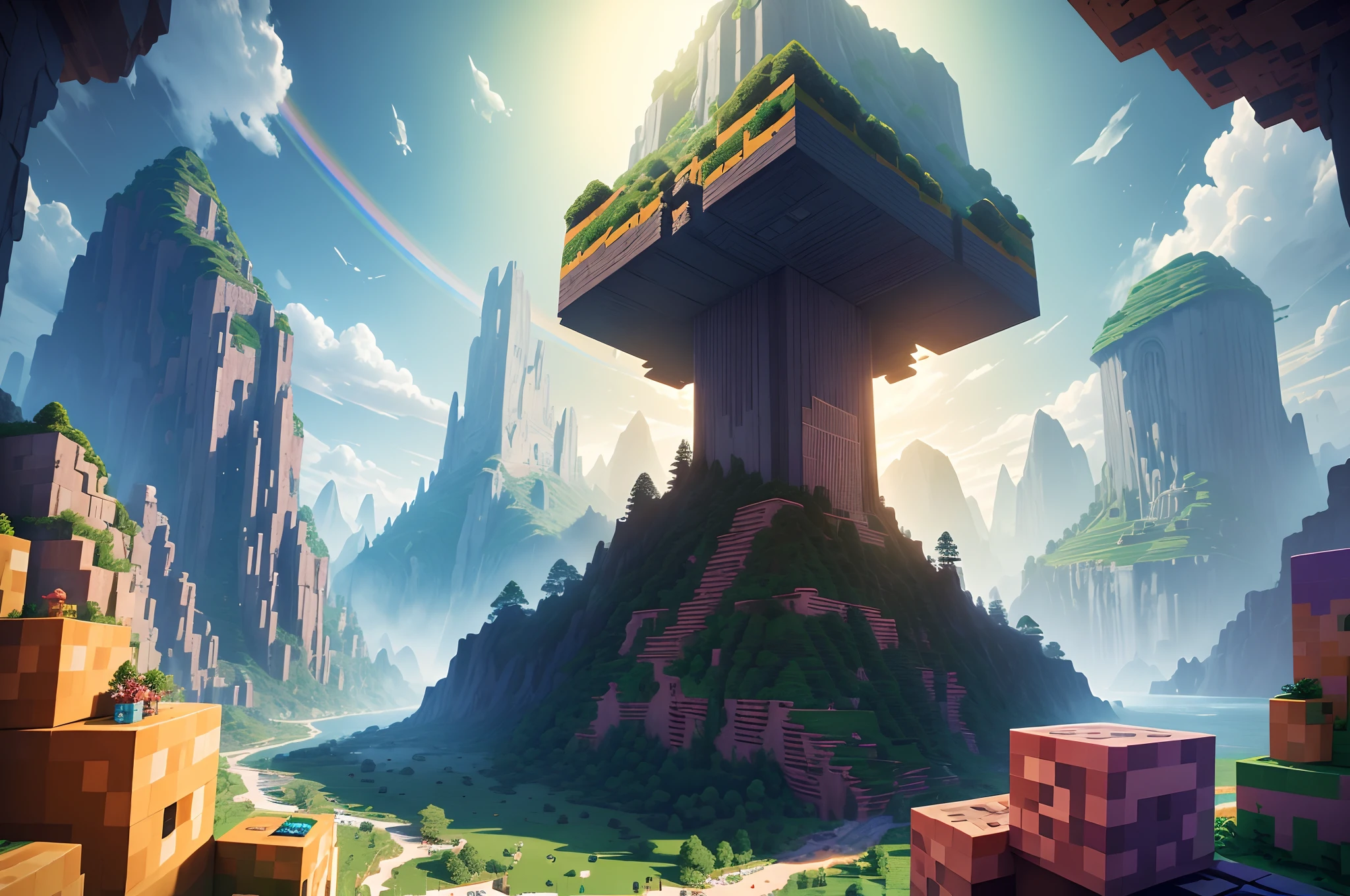 best quality,ultra-detailed,realistic,minecraft scene,blocky characters,cuboid shapes,colorful landscape,dynamic lighting,fantastic creatures,mining and crafting,adventure,exploration,vibrant colors,depth-of-field effect,breathtaking view,block-building game,endless possibilities,open world,immersive experience,building structures,redstone engineering,magical potions,combat with monsters,treasure hunting,rainbow block,underwater exploration,giant trees,towering mountains,player's inventory,caves and caverns,biomes and landscapes,peaceful sunset,survival mode,creative mode,gameplay experience,dynamic weather,emergent gameplay,8-bit sound effects