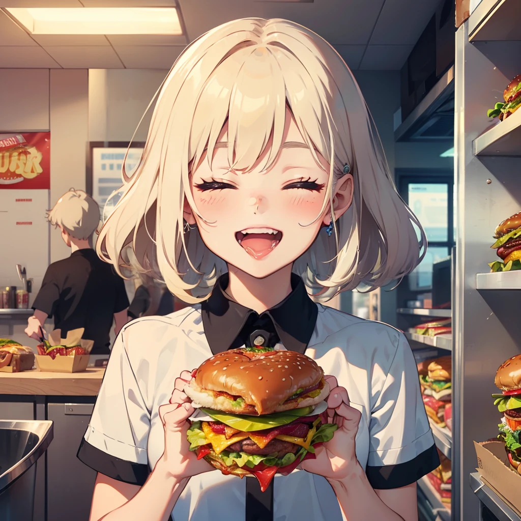 1 beauty，, Watery Big Eyes，(Happy smile)，long eyelasher, Blushlush，Platinum Blonde Perm Hair,in fast food shop, (Close your eyes, Smile and open your mouth wide), ((Gnawing on a grabbed hamburger with both hands)),(Eat cleanly)