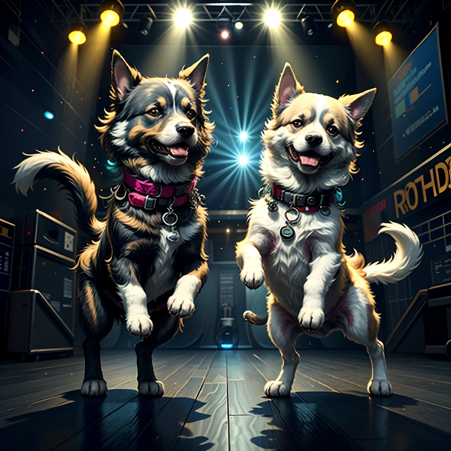 Dog dancing rock on dance floor background, Underground danceclub,tmasterpiece, high high quality, Best quality at best,Rock ballroom,Stylish dog DJ,Dogs wear punk headphones,Dogs wear rock costumes,k hd,8K