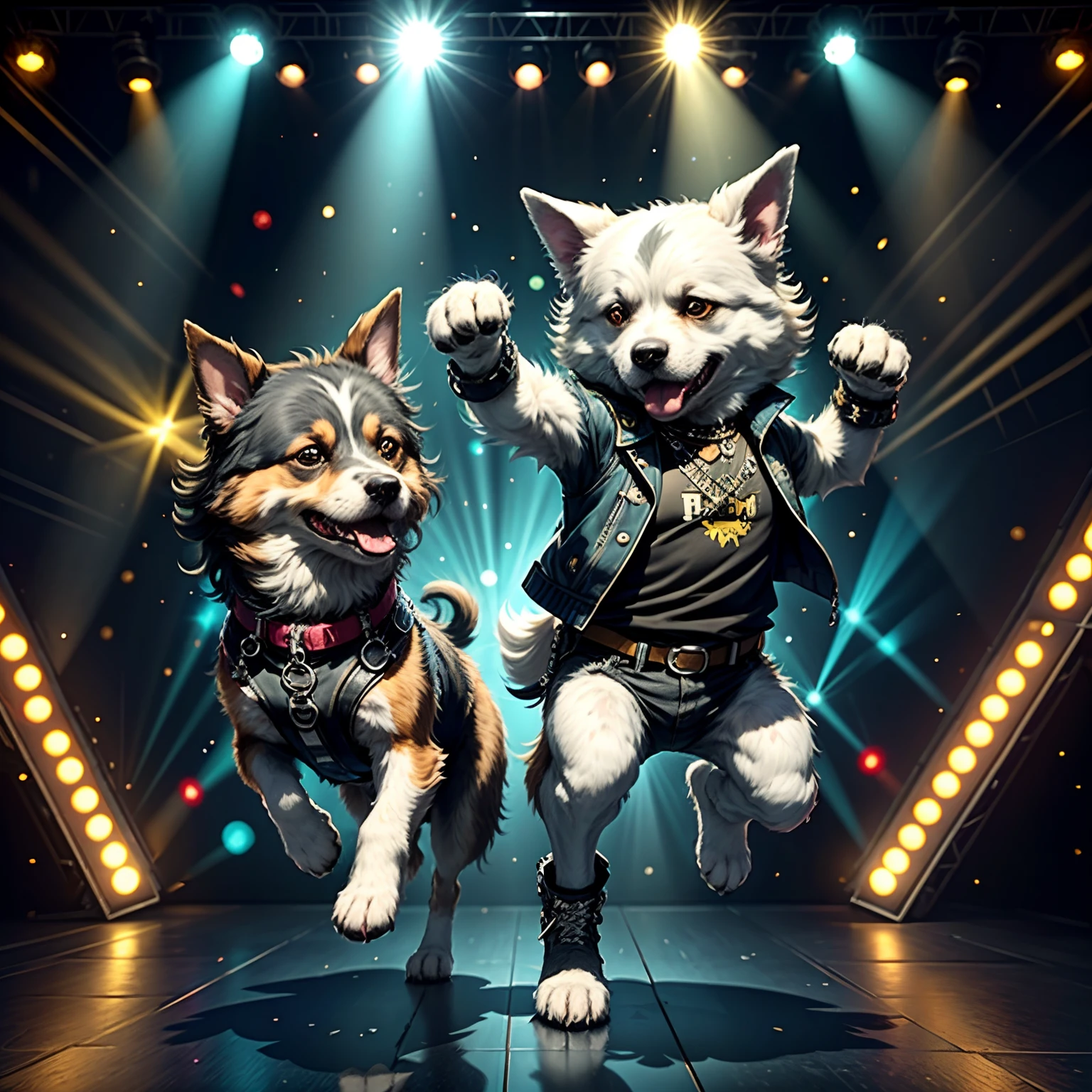 Dog dancing rock on dance floor background, Underground danceclub,tmasterpiece, high high quality, Best quality at best,Rock ballroom,Stylish dog DJ,Dogs wear punk headphones,Dogs wear rock costumes,k hd,8K