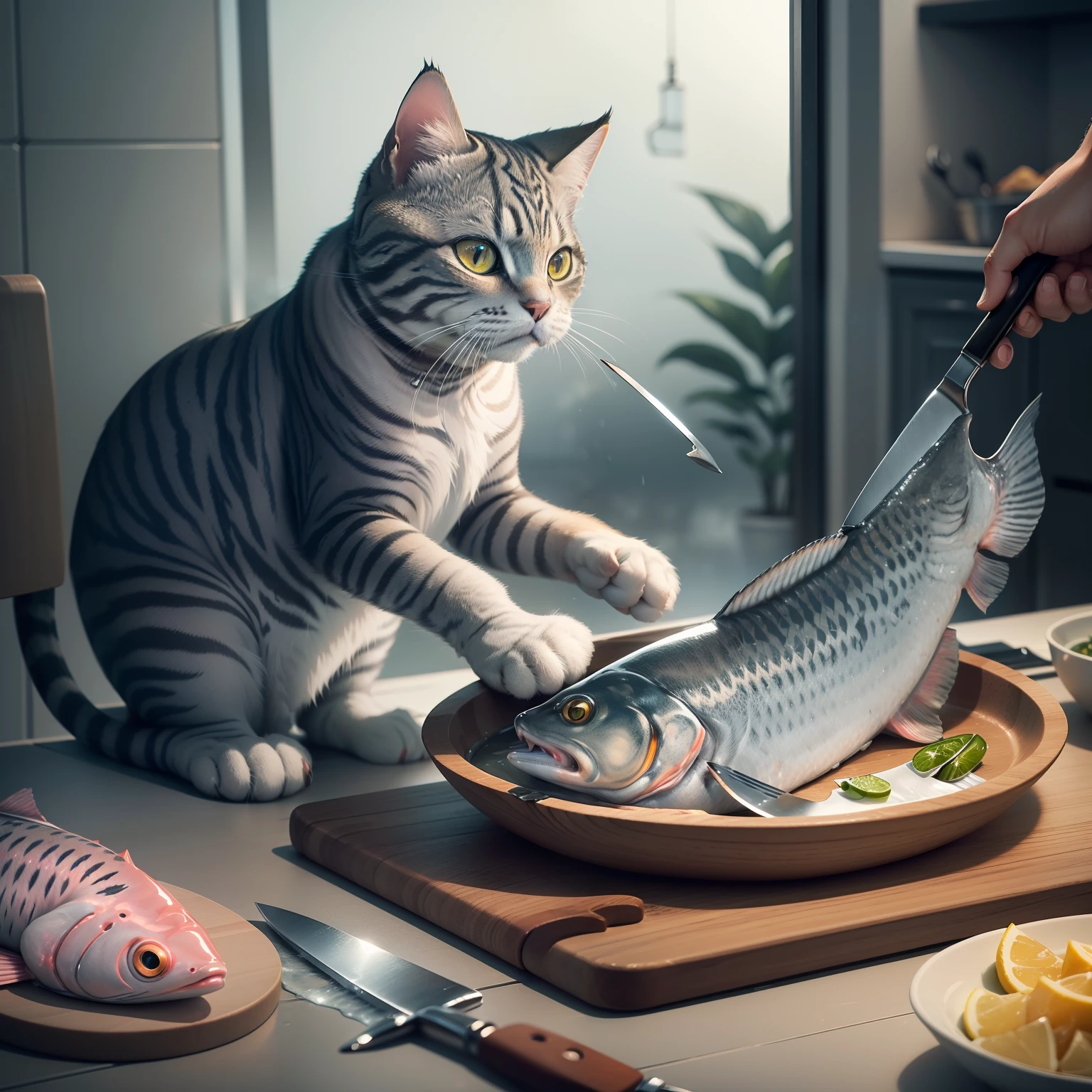 close-up photography of (grey tabby cat:1.2) (cuts the fish with a knife on the table:1.2), (c4ttitude:1.3), in glasstech kitchen, hyper realistic, intricate detail, (foggy:1.1), pov from below