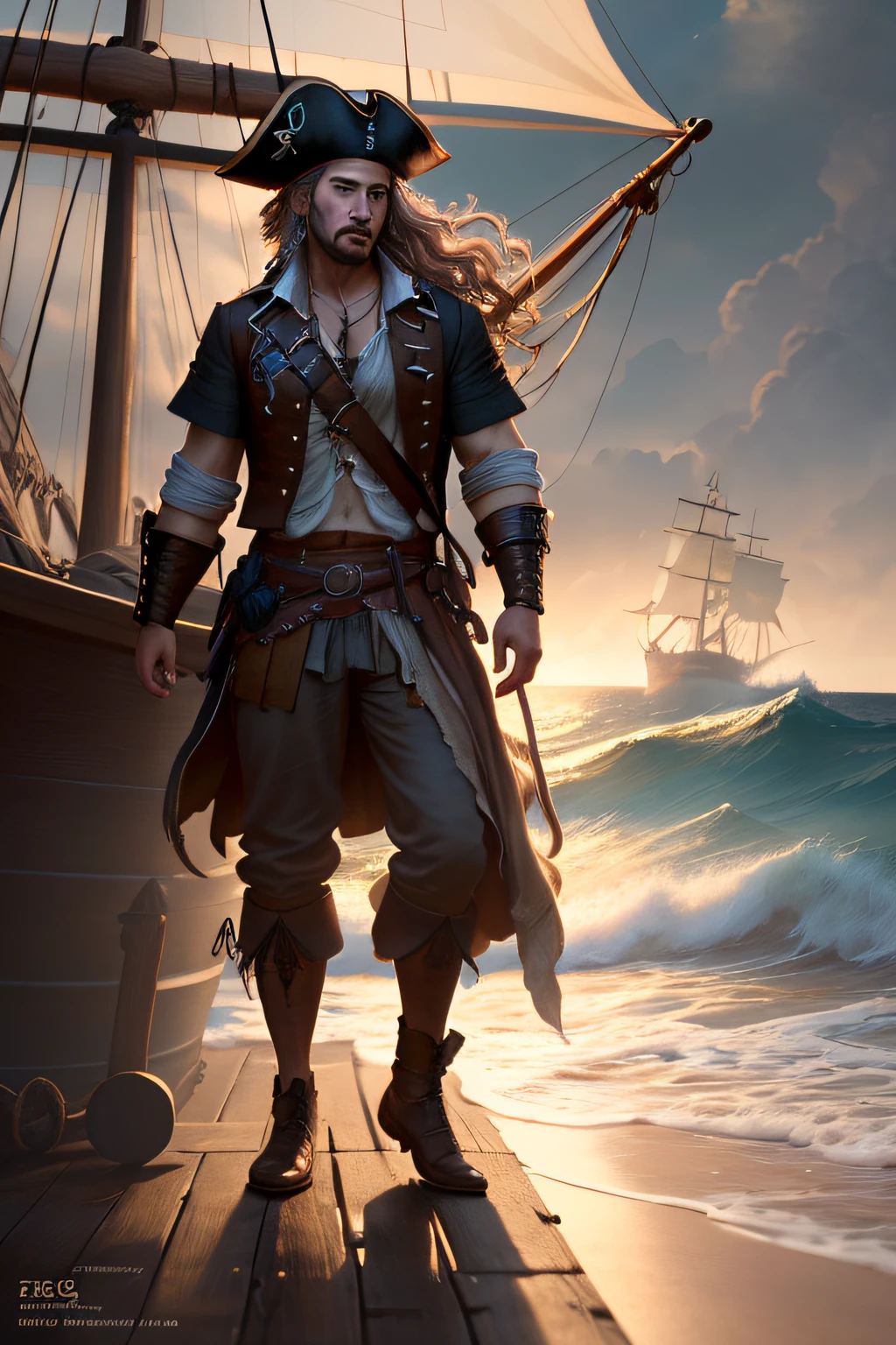 a pirate, , a picture,Soft lighting, Soft Detail, octane, Art Station Trend, ultra high detail, A hyper-realistic, Cinematic,16 K, ​masterpiece, top-quality, hightquality, hight resolution、Body Portrait、Rough sea and pirate ship background、(((full-body view)))
