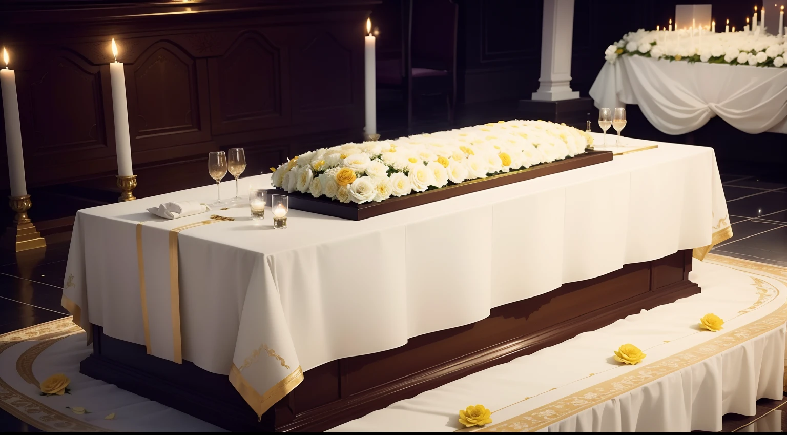 a close up of a table with flowers and a mirror, funeral, white and yellow scheme, decoration, elegant composition, full - view, flower decorations, event, sad scene, very sad, where being rest in peace, peaceful scene, peaceful environment, stage, casket, shrine, glamorous setting, full device, altar