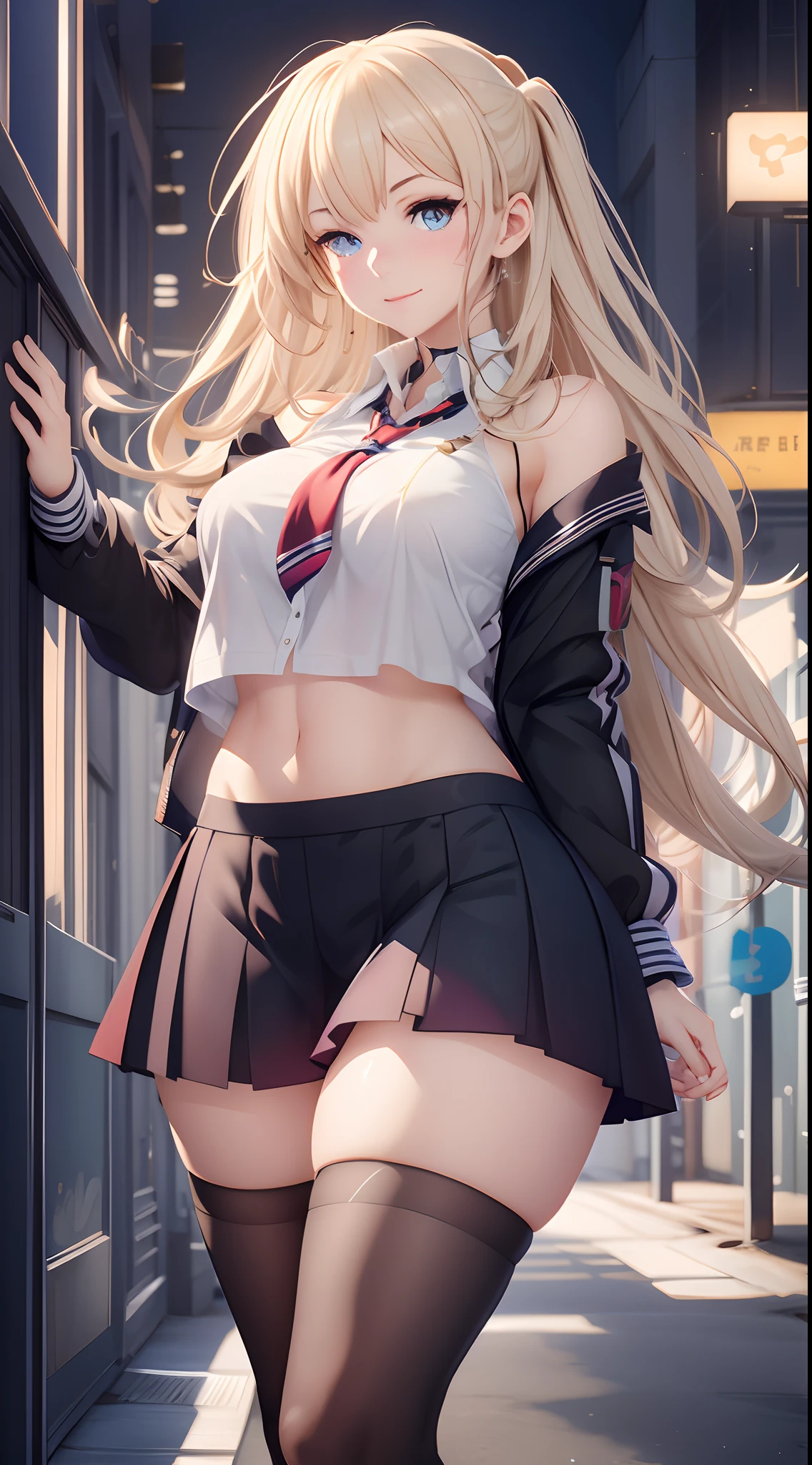 Anime girl in short skirt and tie poses for photo, Seductive girl, blonde  girl with long hair, Beautiful High School Girl, a hyperrealistic schoolgirl, a hyperrealistic schoolgirl, Detailed Digital Anime Art, Smooth CG Art, azur lane style, cushart krenz key art feminine, Fine details. girls' frontline