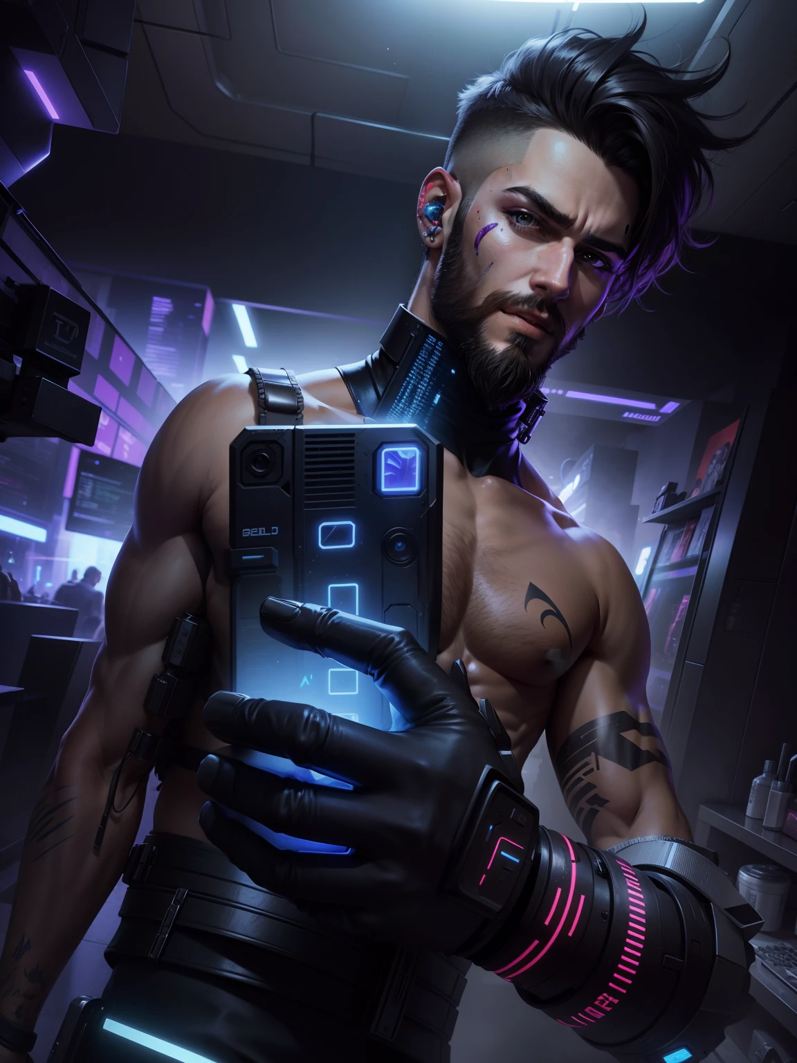 Change background cyberpunk handsome boy ultra realistic face beard