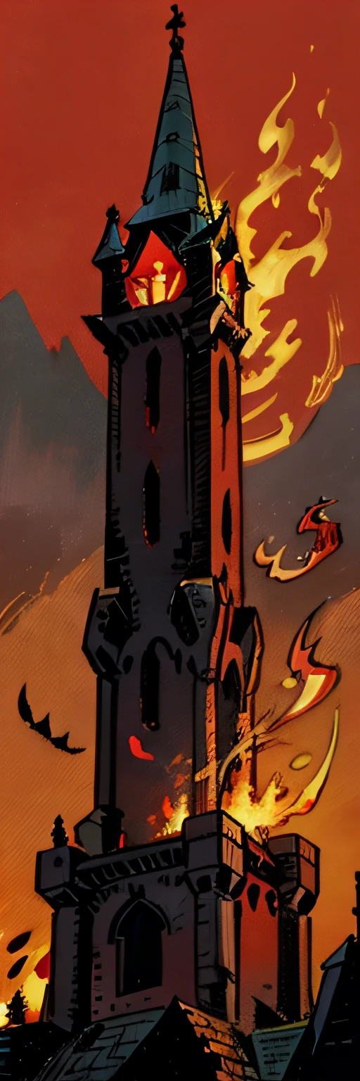 alta qualidade, Medieval fantasy illustration, Red dragon over a tower spitting fire