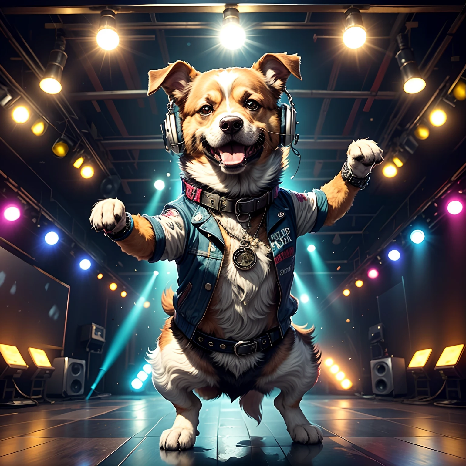 Dog dancing rock on dance floor background, Underground danceclub,tmasterpiece, high high quality, Best quality at best,Rock ballroom,Stylish dog DJ,Dogs wear punk headphones,Dogs wear rock costumes,k hd,8K