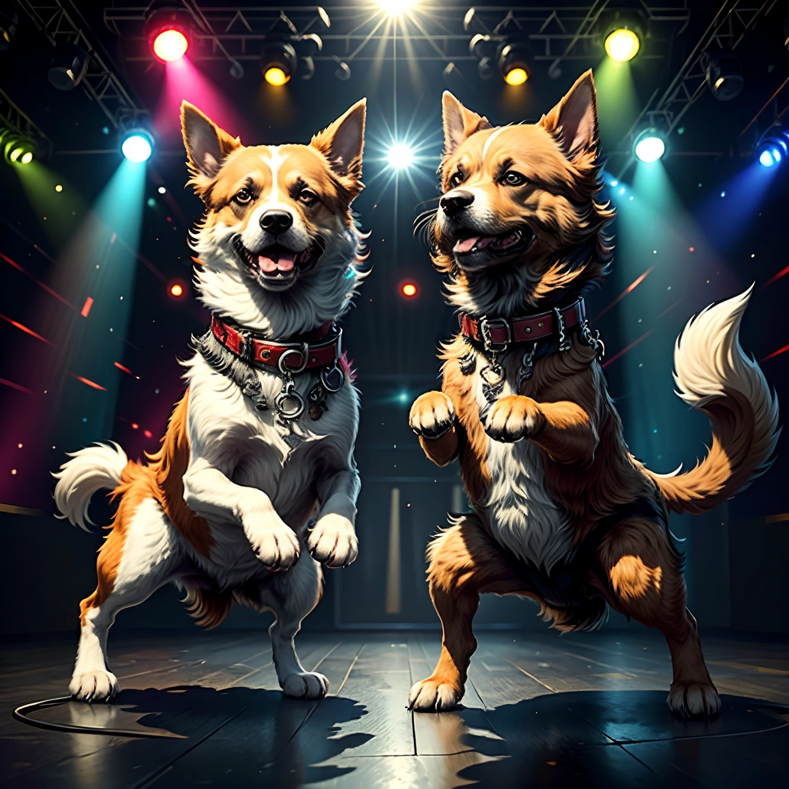 Dog dancing rock on dance floor background, Underground danceclub,tmasterpiece， high high quality， Best quality at best，Rock ballroom，Stylish dog DJ，Dogs wear punk headphones，Dogs wear rock costumes，k hd，8K