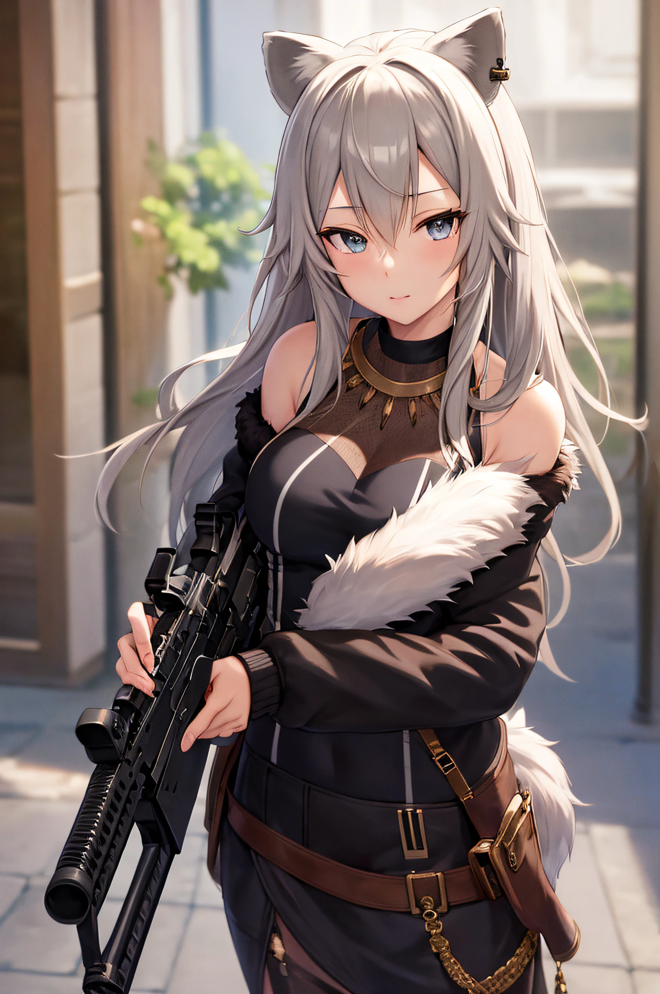 masterpiece, Best Quality, Anime, Highly detailed face, Highly detailed eyes, Highly detailed background, Perfect Lighting, 1girl in, Solo, 8K, Botan, BotanOutfit, fur-trimmed, jacket, long hair, assault rifle