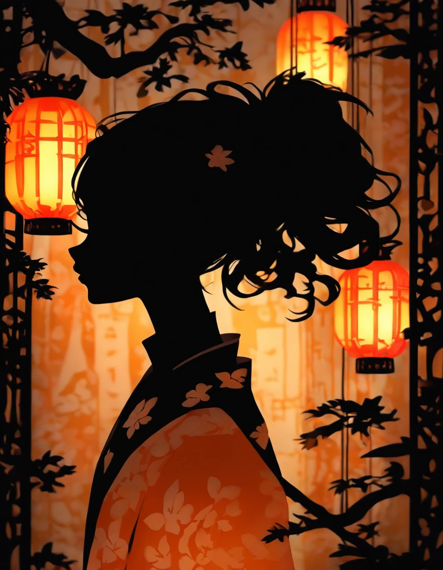 (Silhouette Art,cutouts:1.6)
(((Paper cutting art,A world where only black exists:1.3)
(Cowboy Shot),1 girl,Solo,
(Kimono Girl,profile:1.2),white, Clear and beautiful face,
BREAK
(Lots of lanterns、pale light)
Textured glass background,