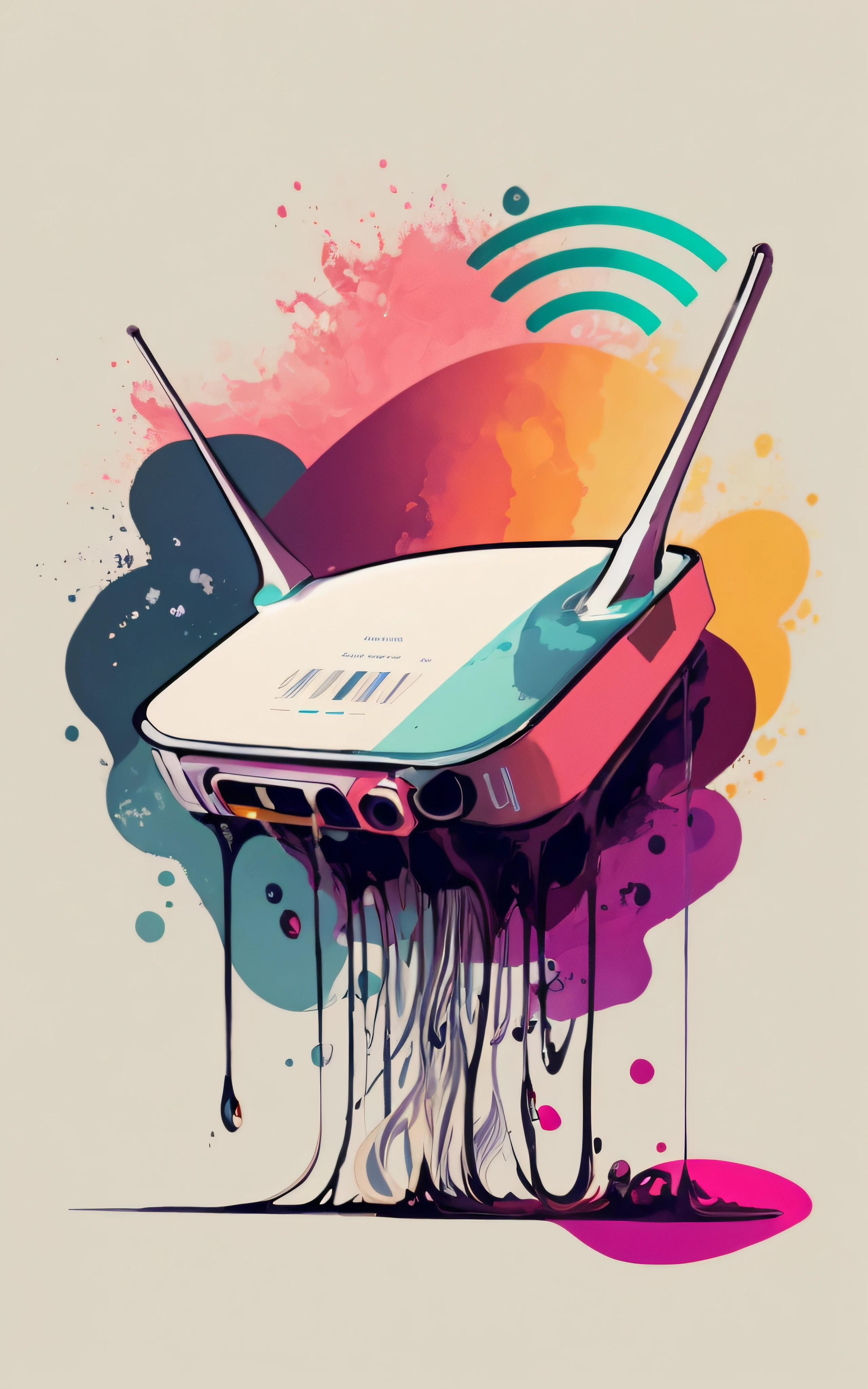 Um close up de um roteador cartunesco com uma antena WiFi, 4K HD papel de parede ilustrativo, 4 k hd wallpaper illustration, wallpaper mobile, full-colour illustration, No estilo de Cyril Rolando, in illustration style digital, inspirado em Cyril Rolando, painterly illustration, stylized digital illustration, Aquarela Digital, paper awesome wallpaper, poster illustration