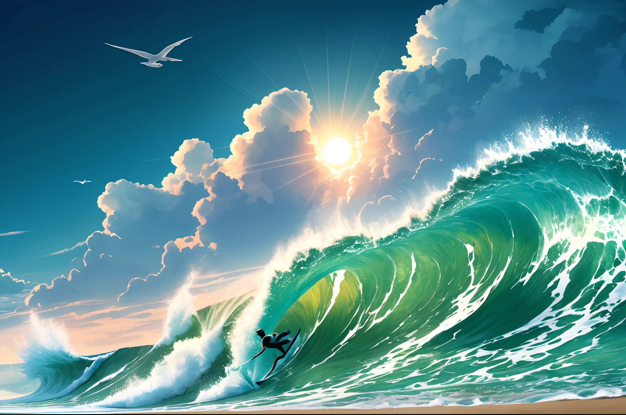 wallpaper, colorido, oceano, playa, atardecer, estilo splash art, --auto --s2