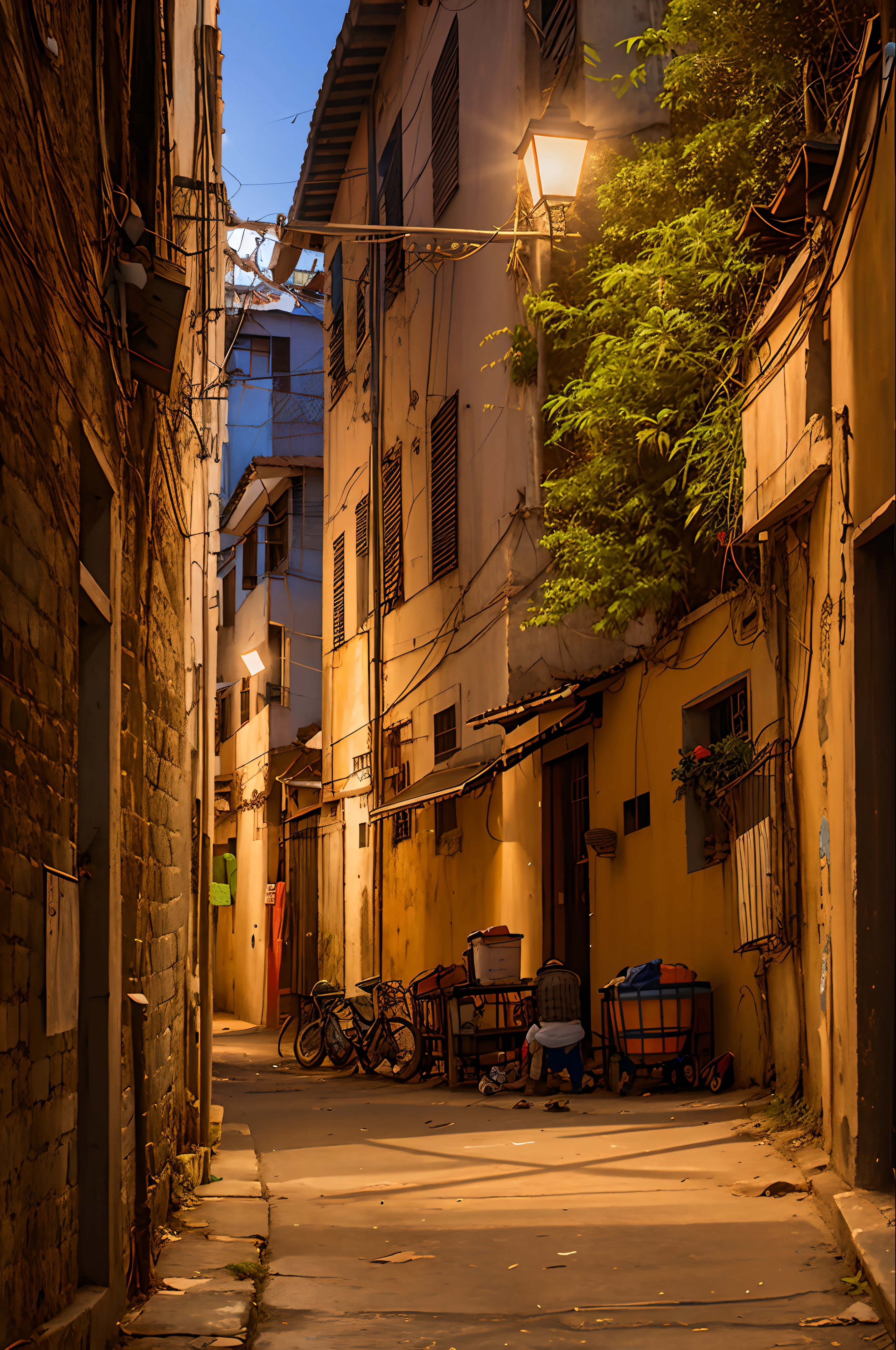 a realistic photo of a road in a favela in brazil in the evening, a few kids are playing soccer, hyperrealism