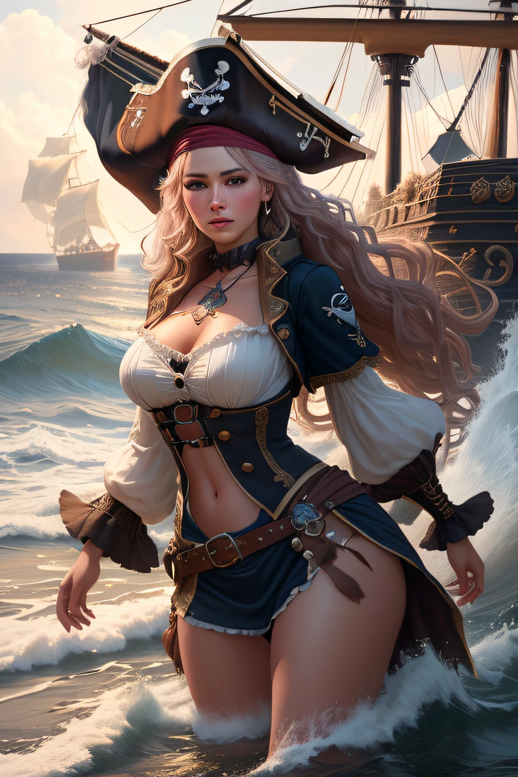 Very beautiful pirate woman , a picture,Soft lighting, Soft Detail, octane, Art Station Trend, ultra high detail, A hyper-realistic, Cinematic,16 K, ​masterpiece, top-quality, hightquality, hight resolution、Body Portrait、Rough sea and pirate ship background、(((full-body view)))