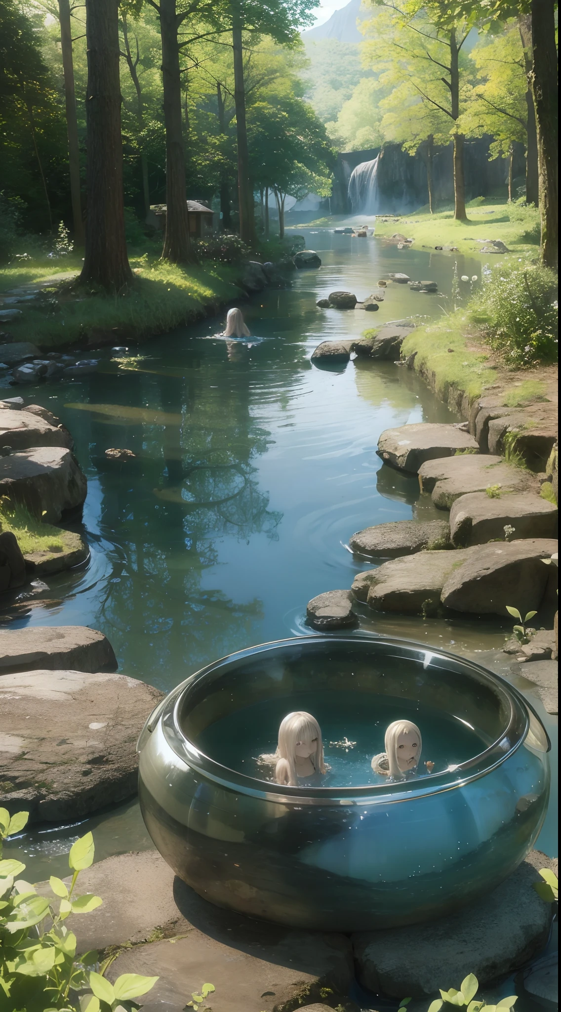 slime girls inside river, ambient, masterpiece, 8k, semi-realistic, ,RTX, shaders, brilliant texture work, forest,
