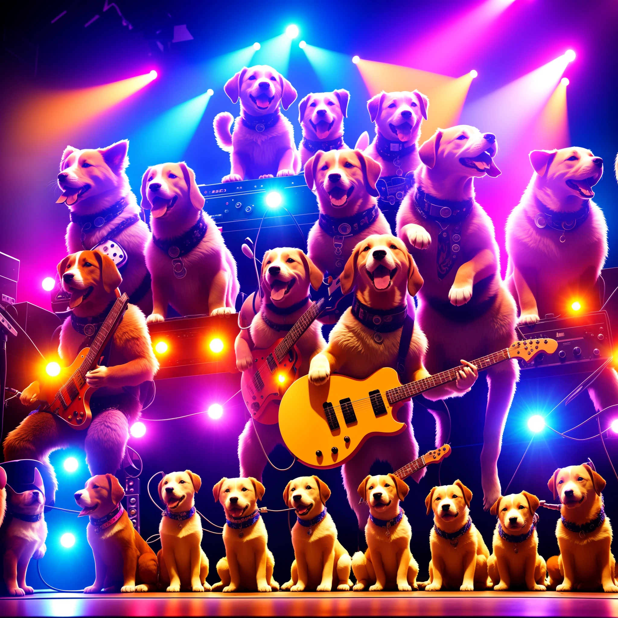 animal personification,Animal Band,A group of puppies playing rock music on stage,rock music,Colorful lights,cyber punk perssonage