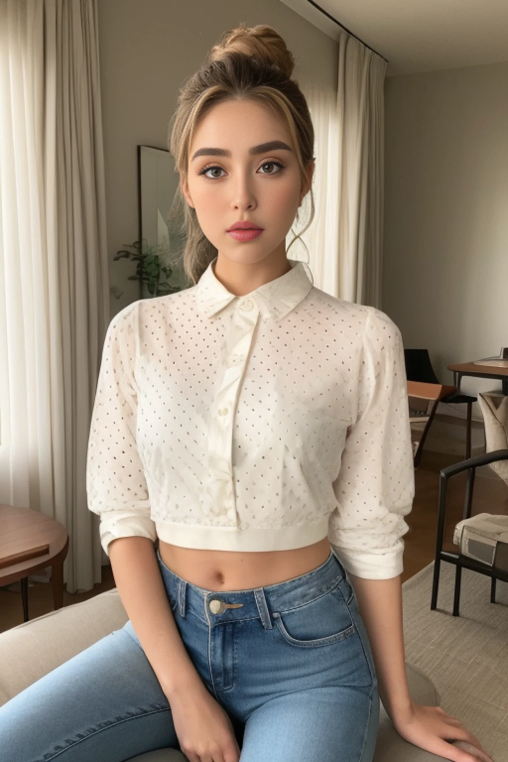 ((Realistic lighting, Best quality, 8K, Masterpiece: 1.3)), Clear focus: 1.2, 2girl, Perfect Figure: 1.4, Slim Abs: 1.1, (Dutch Braid Hairstyle)), (polka dot shirt crop top and tight jean: 1.4), , , Super fine face, Fine eyes, Double eyelids, woman sittingposing for the camera in a sunny modern living room a portrait inspired by Gina Pellón, instagram, tachisme, violet myers, lorena avarez, olivia culpo, alanis guillen, looks like laura barriales, portrait sophie mudd, tanned ameera al taweel, beautiful mexican woman
