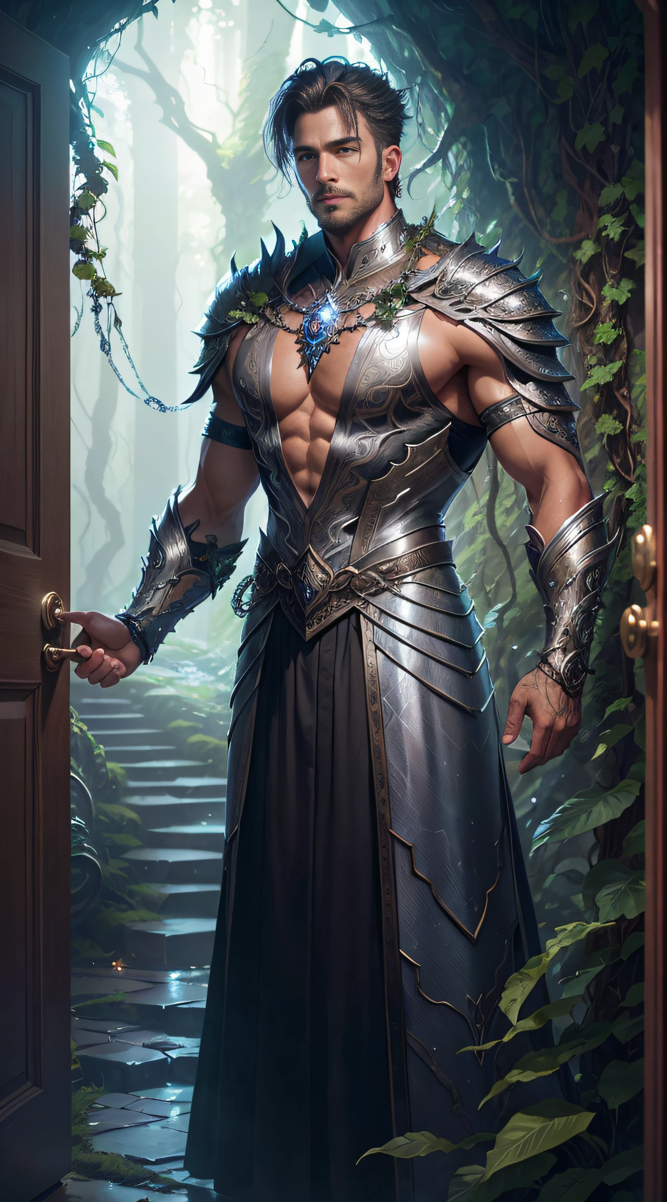 Photo of a handsome man standing in front of an enigmatic door awaits at the end of a winding path, wearing intricate Ice Armor, adorned with overgrown vines and emanating an otherworldly glow. stone road, fog, fantasy, epic, large pectorals, back, realistic, masterpiece, intricate details, detailed background, depth of field,