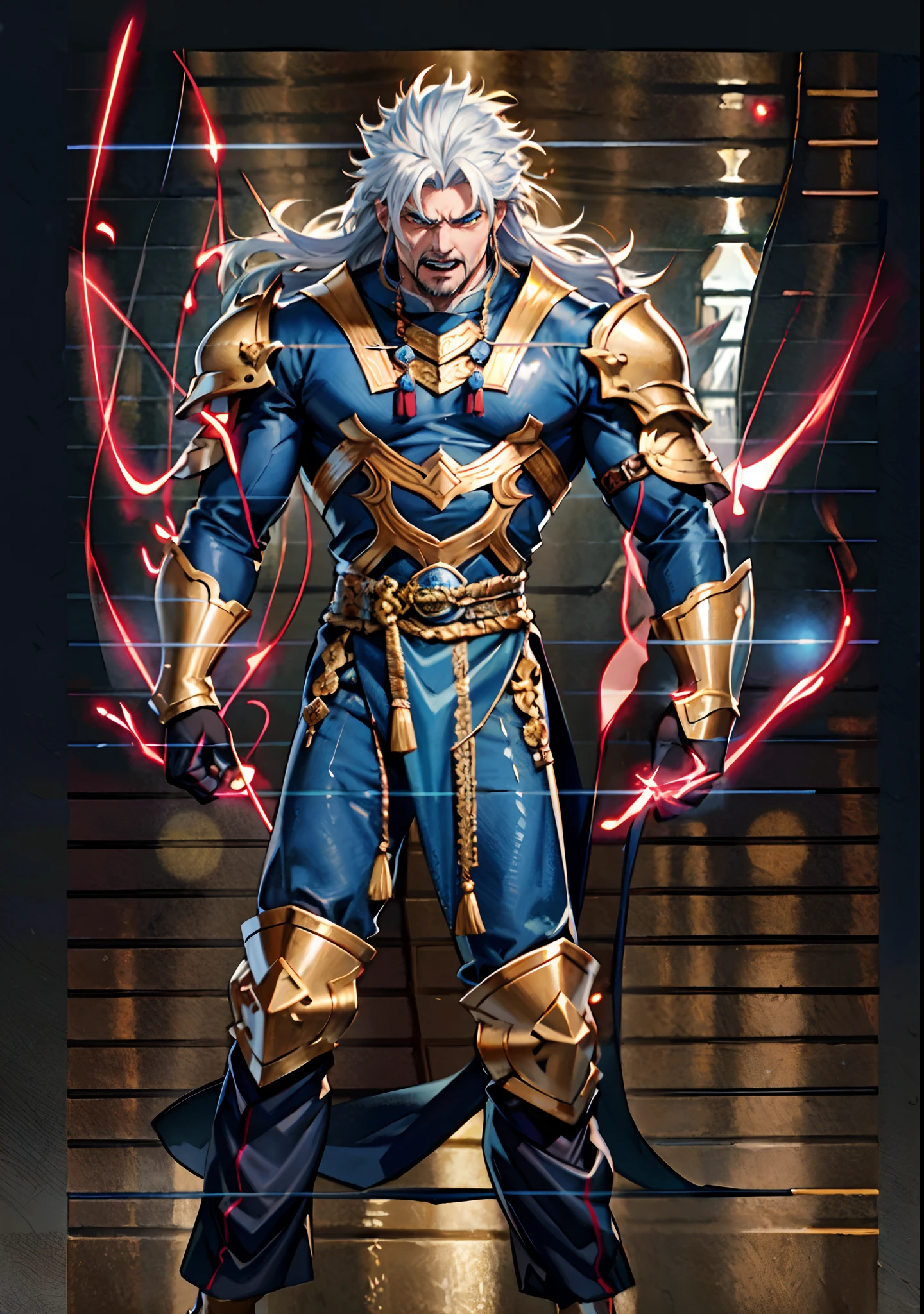 A middle-aged old man with flowing white hair, his eyes wide with fury, his mouth open in a roar, a simple yet dignified cloth armor, a fantasy-style Chinese cloth armor, mainly white with blue textured patterns, a simple yet elegant design, he also wears matching pants and leg guards, his entire body exudes a powerful aura, a formidable presence, a martial energy, energy field, this character embodies a finely crafted fantasy-style Chinese martial hero design in anime style, characterized by a sophisticated and mature manga illustration art style, Ink, Ink style, ink splash, blue aura, aura, Power, angry, wild hair, high definition, best quality, highres, ultra-detailed, ultra-fine painting, extremely delicate, professional, anatomically correct, symmetrical face, extremely detailed eyes and face, high quality eyes, creativity, RAW photo, UHD, 8k, Natural light, cinematic lighting, masterpiece:1.5