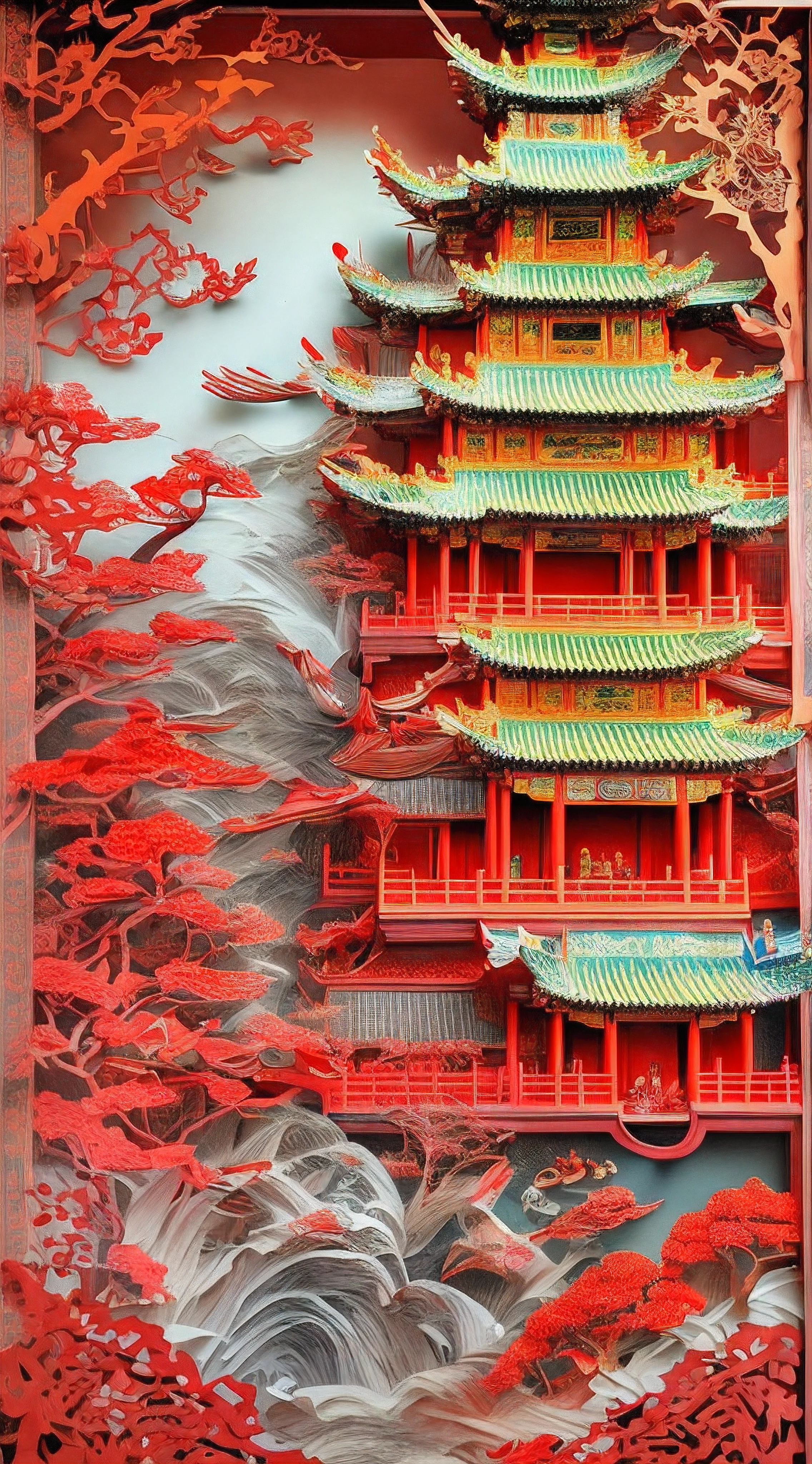 (best quality,4k,highres,masterpiece:1.2),medium:paper-cutting,castle,colorful,traditional art,elaborate design,vivid colors,great attention to detail,bright red and gold tones,impressive architecture,exquisite paper craftsmanship,meticulous hand-cut patterns,delicate and intricate edges,grand and majestic appearance,authentic Chinese cultural heritage,floral motifs and mythical creatures blending together,celebration of Chinese art and tradition,awe-inspiring craftmanship,striking contrast between the intricate paper-cutting and the solid castle structure,expressive and lively atmosphere,meticulously crafted windows and doors,beautiful natural scenery surrounding the castle,harmonious blend of traditional and modern elements,enchanting and captivating artwork,prominent presence of Chinese culture and history,immersive experience of the ancient Chinese art form,paper-cutting techniques passed down through generations,impressive display of artistic skills and expertise,celebration of color and creativity in Chinese culture,dreamlike and whimsical ambiance,meticulous attention to the smallest details,transcendence of time and space,invitation into a vibrant and magical world,enjoyment of the rich cultural heritage of China through the beauty of paper-cutting.