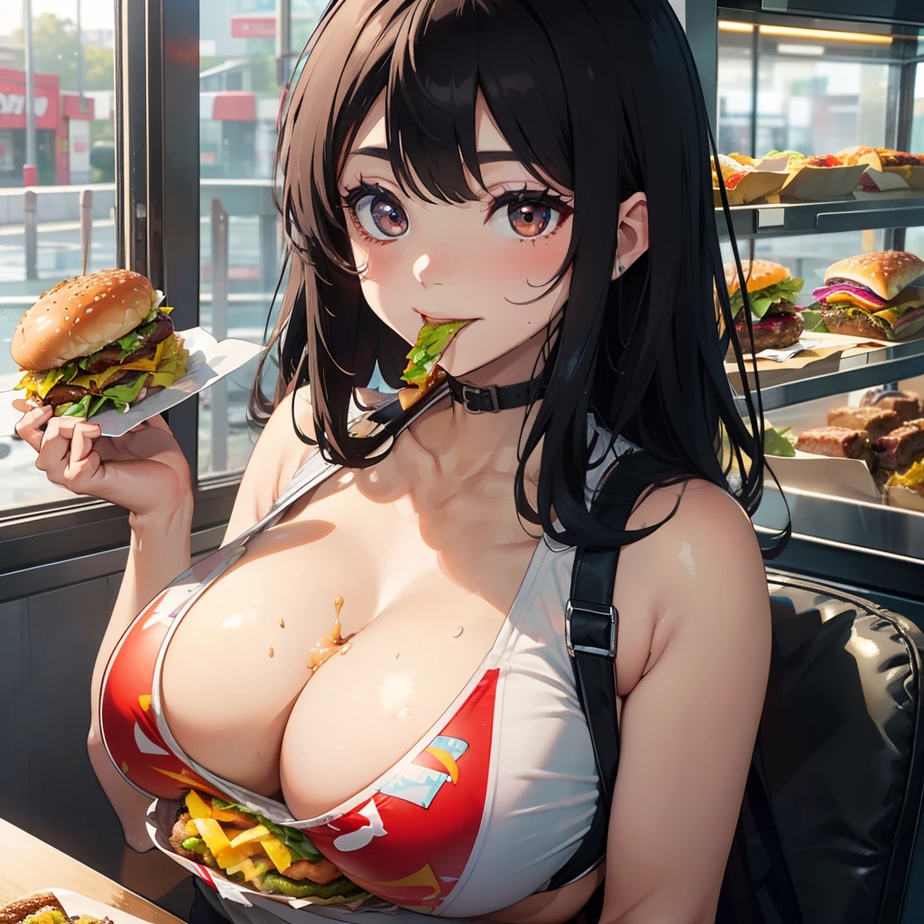 1 beauty,-yeld hischool girl, Watery Big Eyes,Sit facing the camera, (Her mouth is puffed up full of hamburgers), long eyelasher,falda corta,Blushlush,Black Perm Hair, in fast food shop, (With a big smile on his face, he put a hamburger in his mouth.,), A large amount of sauce drips into the cleavage, Food residues spilled on the chest